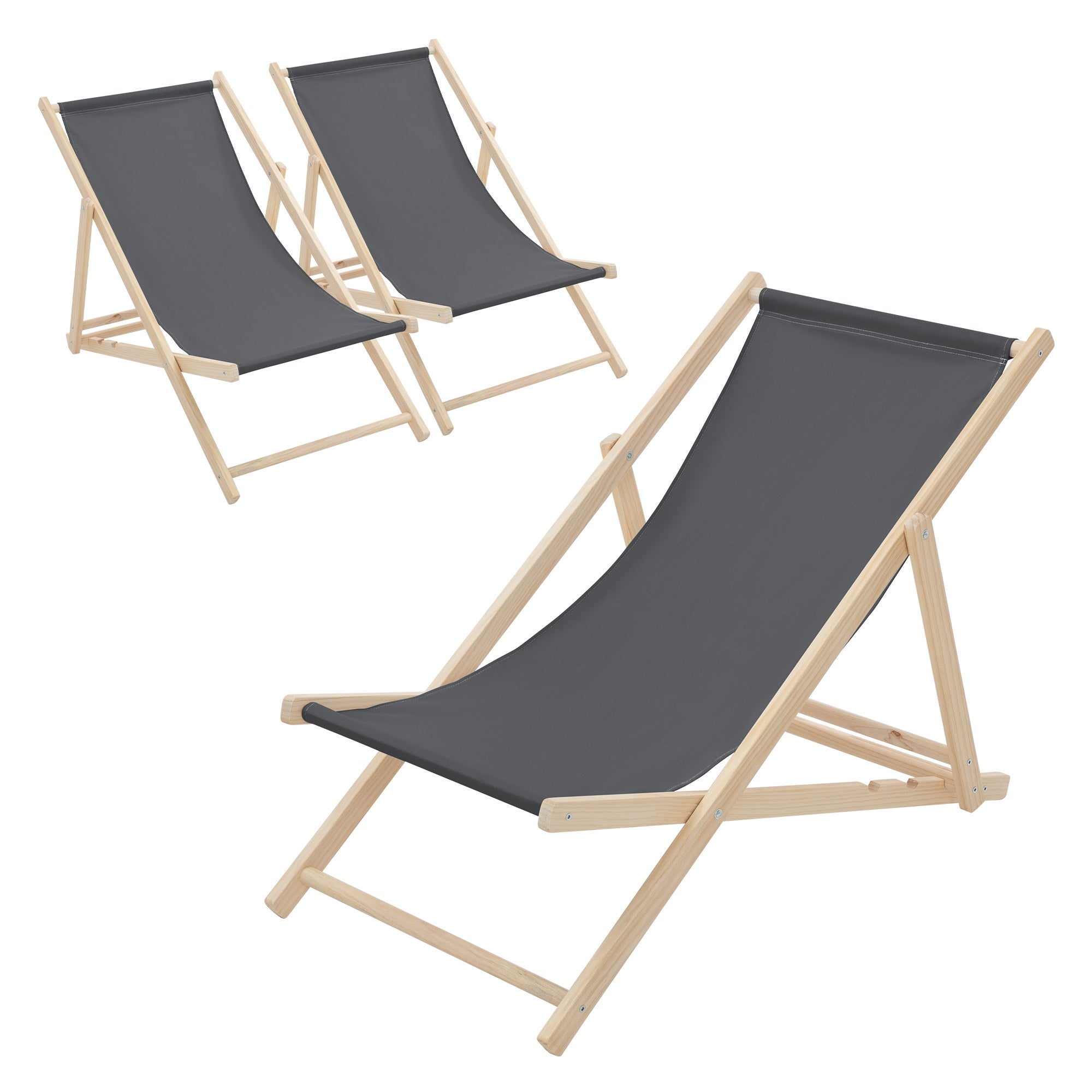 ECD Germany 3x składany leżak drewniany antracyt 3 pozycje odchylenia do 120 kg leżak ogrodowy relaksacyjny plażowy składany na taras ogród