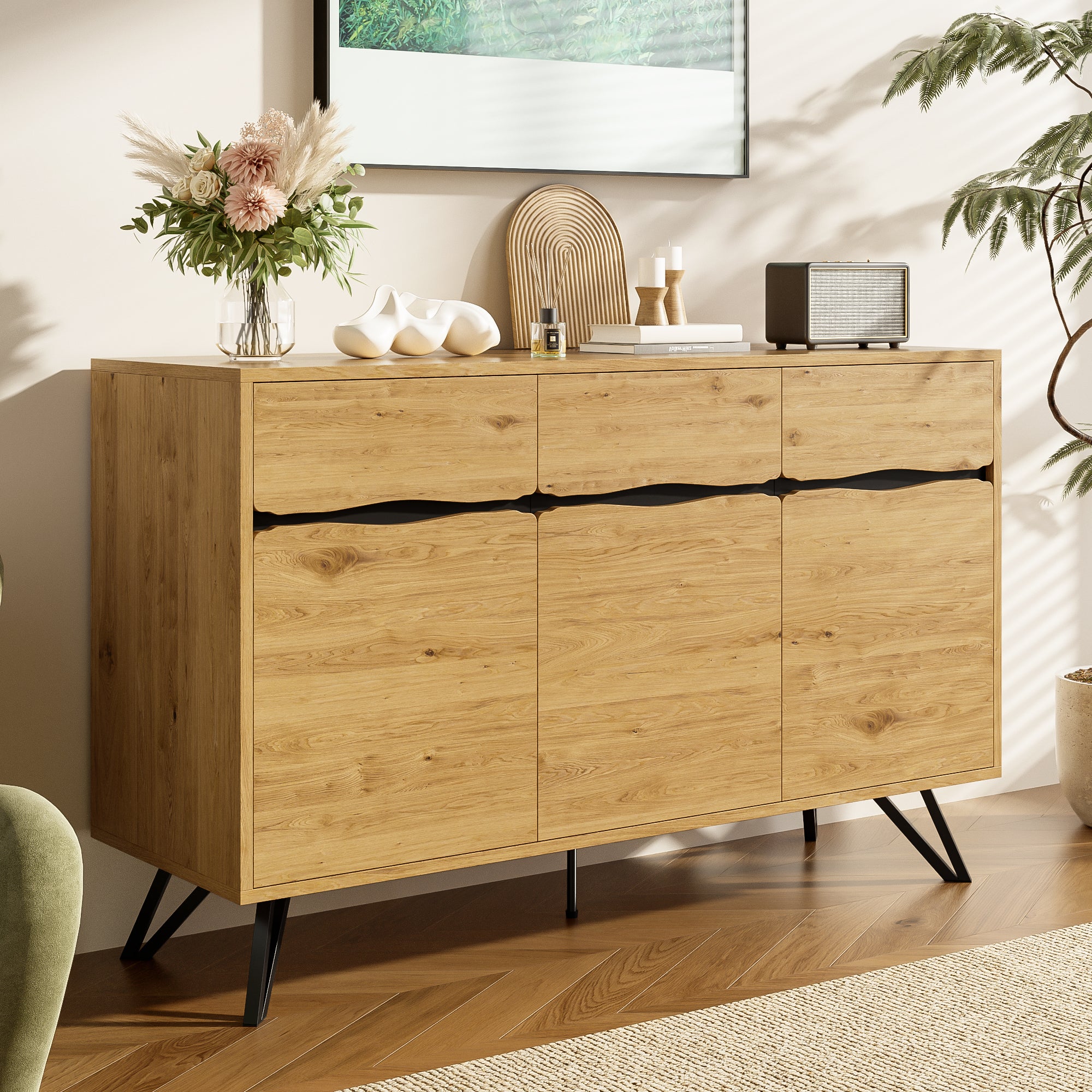 Credenza moderna con ripiani regolabili - ante in rattan - MDF - Naturale
