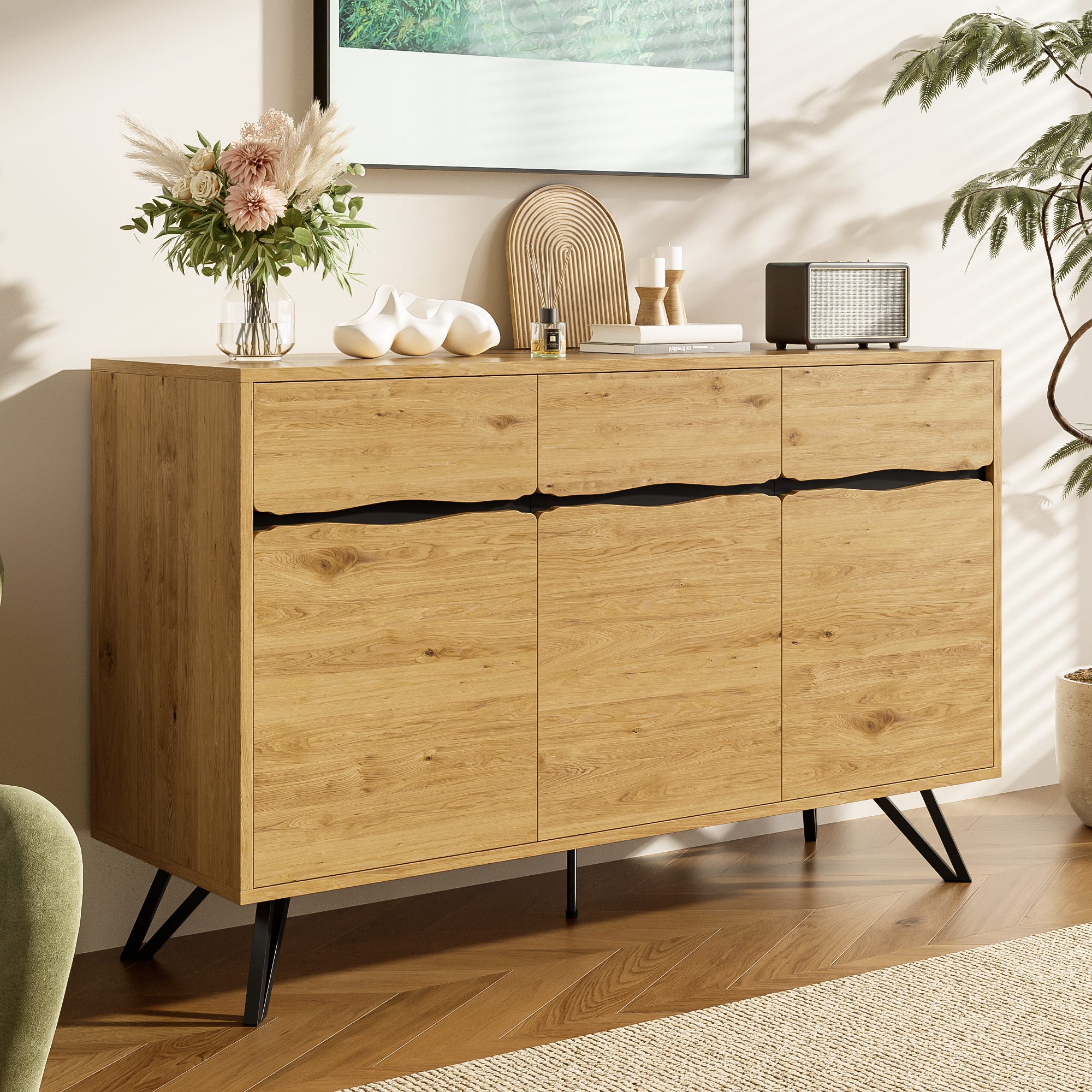 Credenza moderna con ripiani regolabili - ante in rattan - MDF - Naturale Credenza moderna con ripiani regolabili - ante in rattan - MDF - Naturale