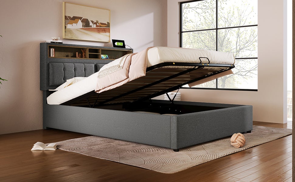 Lit rembourré lit double avec prise USB C fonction de charge tête de lit, lits de rangement cadre de lit en lin lit jeune 140x200 avec sommier à lat - 6