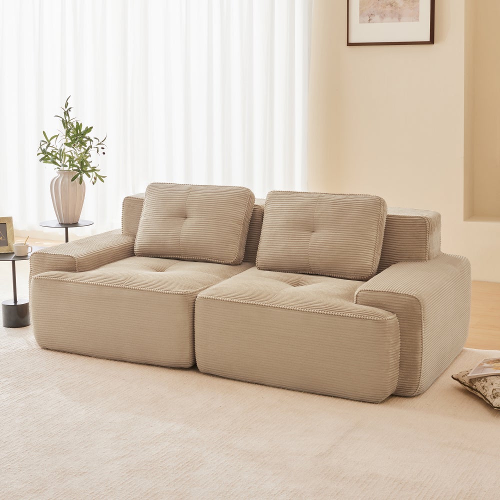 Sofa dwuosobowa, modułowa, sztruksowa, niskie siedzisko, funkcja spania, beżowa