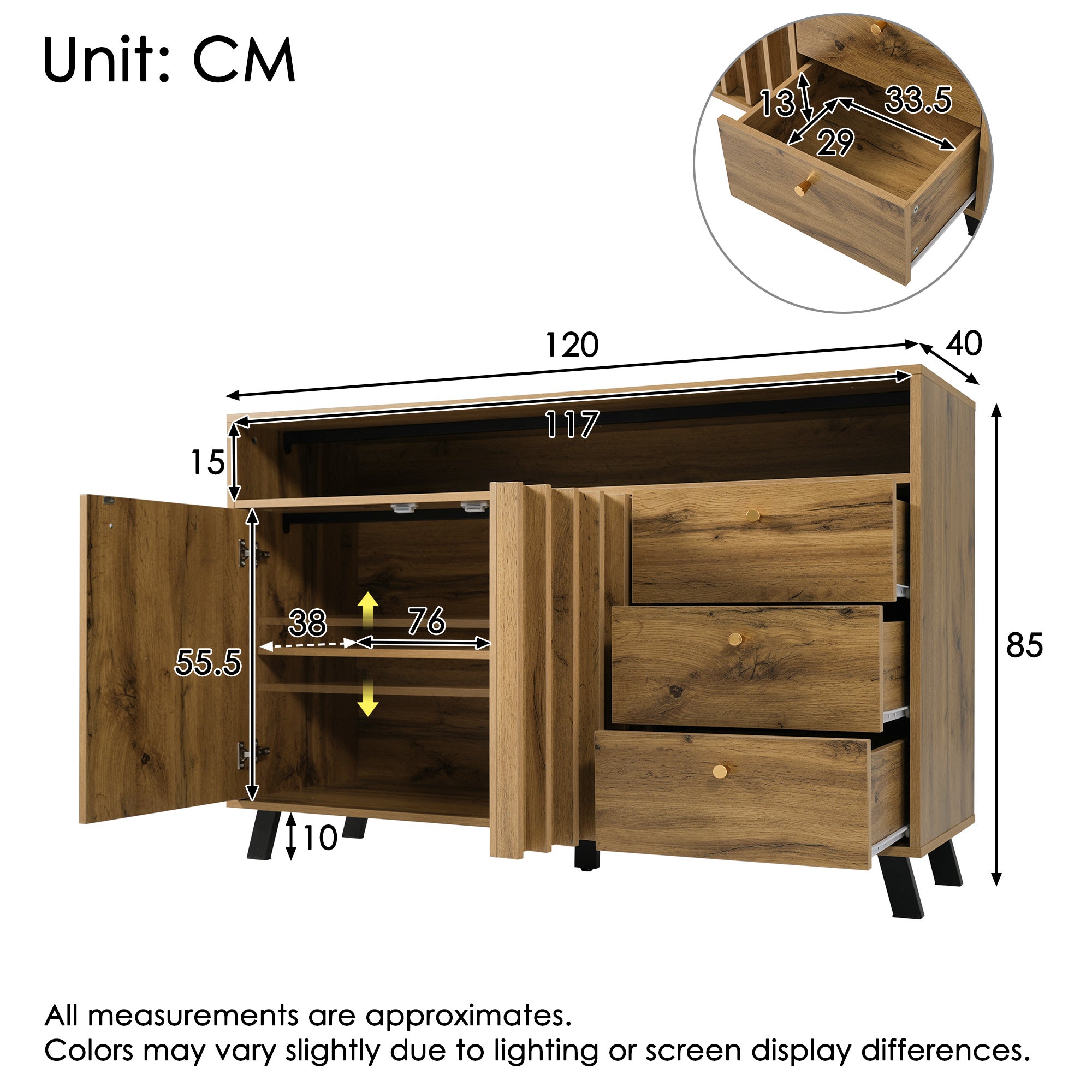 Buffet bas avec 3 tiroirs et 2 portes, commode - 120 x 40 x 85 cm - Panneaux de particules et MDF - Chêne foncé - 2