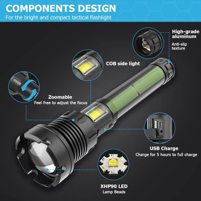 Lampe Torche LED Ultra Puissante - Lampe de Poche Rechargeable 3000 Lumens S6000 Lampe Tactique, Lampe Torche LED Rechargeable USB, 5 Modes Torche Lampe de Poche Intensité Ajustable Zoomable étanche
