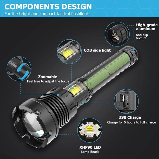 Lampe Torche LED Ultra Puissante - Lampe de Poche Rechargeable 3000 Lumens S6000 Lampe Tactique, Lampe Torche LED Rechargeable USB, 5 Modes Torche Lampe de Poche Intensité Ajustable Zoomable étanche Lampe Torche LED Ultra Puissante - Lampe de Poche Rechargeable 3000 Lumens S6000 Lampe Tactique, Lampe Torche LED Rechargeable USB, 5 Modes Torche Lampe de Poche Intensité Ajustable Zoomable étanche