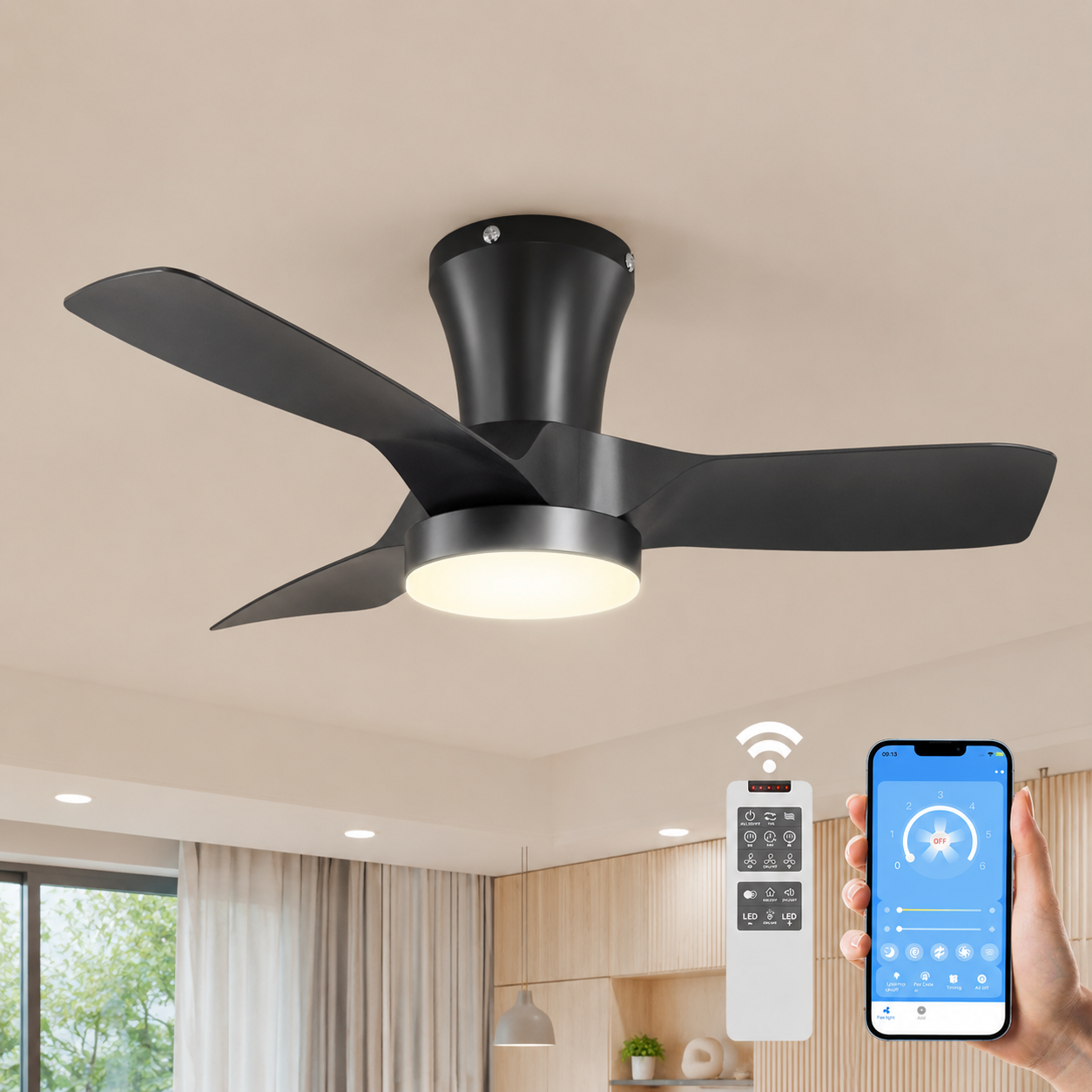 Ventilador de techo con luz silencioso DC 20W con mando WiFi/ APP ø84 cm, luz CCT 3 aspas, 6 velocidades, modo verano/invierno, brisa, temporizador - 9
