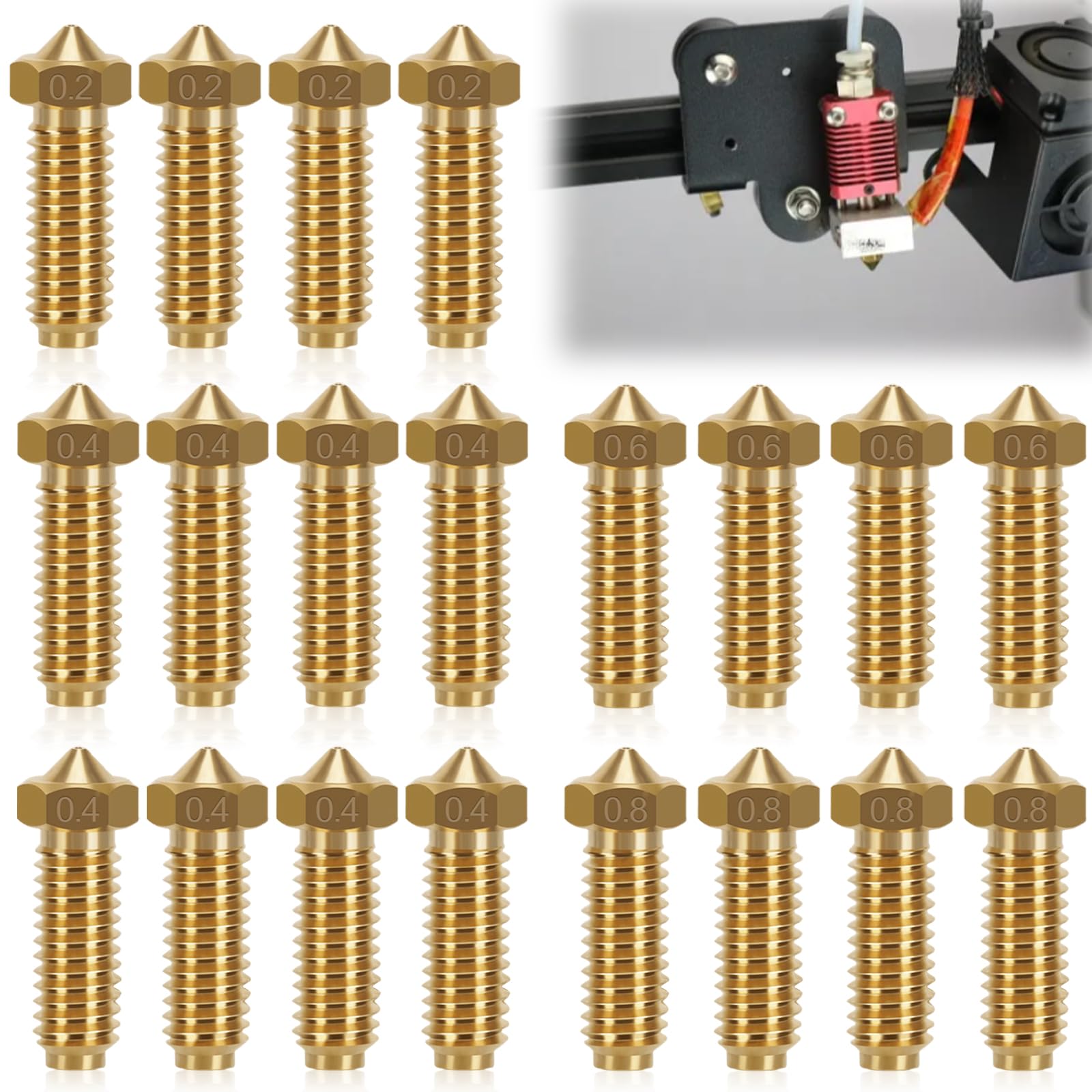 Zestaw 20 dysz do drukarki 3D Kobra 2 - dysze z mosiądzu, 4 dysze ze stali hartowanej 0,4 mm, 0,2 mm, 0,6 mm, 0,8 mm i 0,4 mm