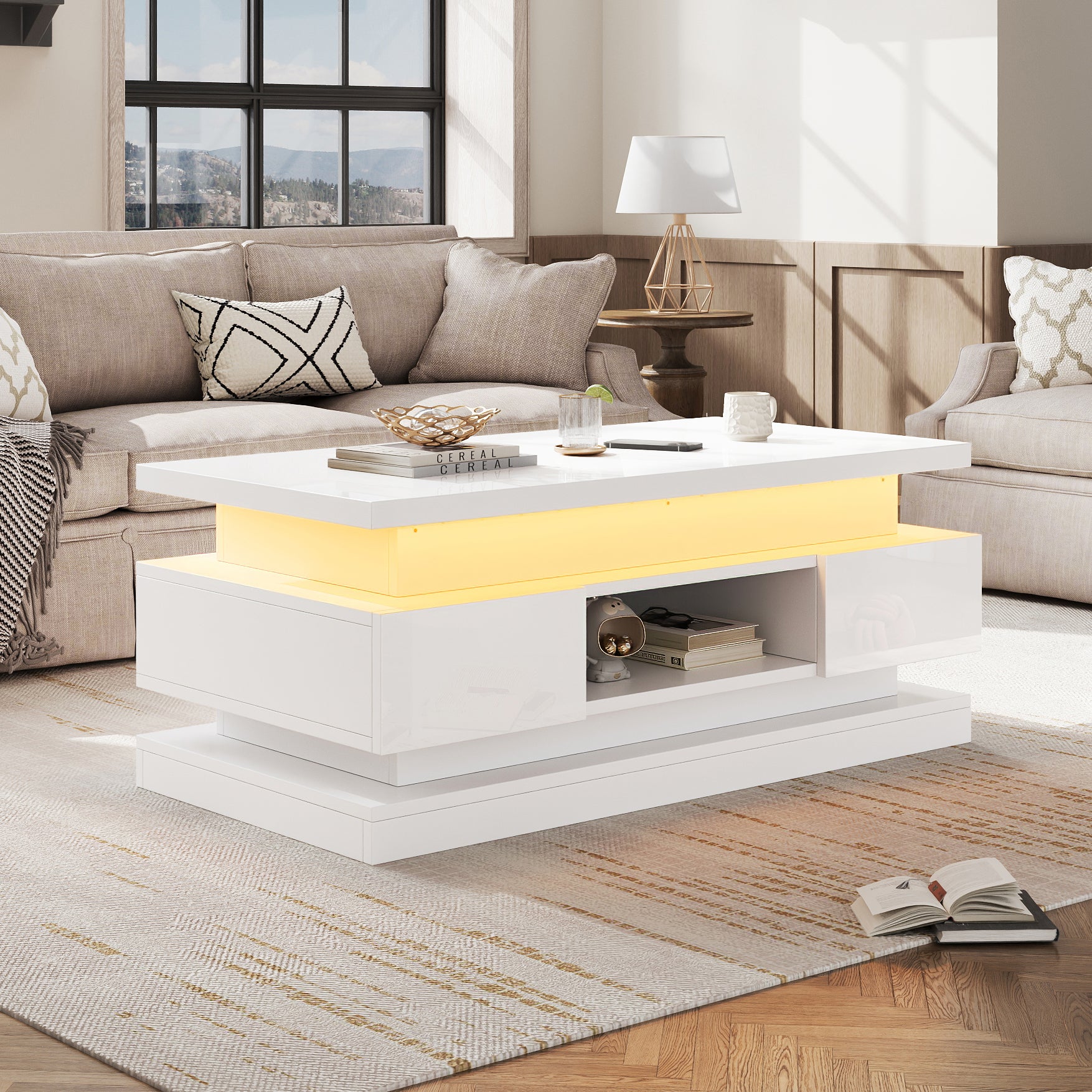 Table basse relevable avec 2 tiroirs - 100 x 50 x 40 cm - LEDs - Panneau de particules - Blanc - 3