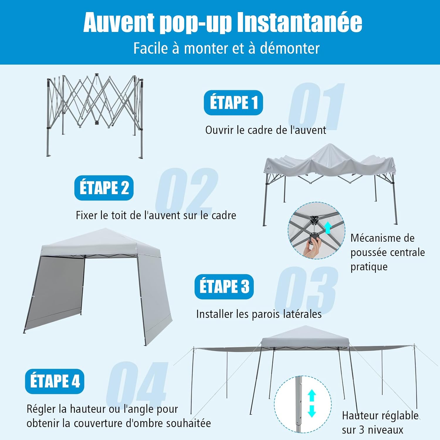 Gazebo Pieghevole 3 x 3 m, con Pareti/Tende Parasole, Gazebo Pop Up Impermeabile e Protettivo da Sole, con Altezza Regolabile e Borsa a Ruote, - 7