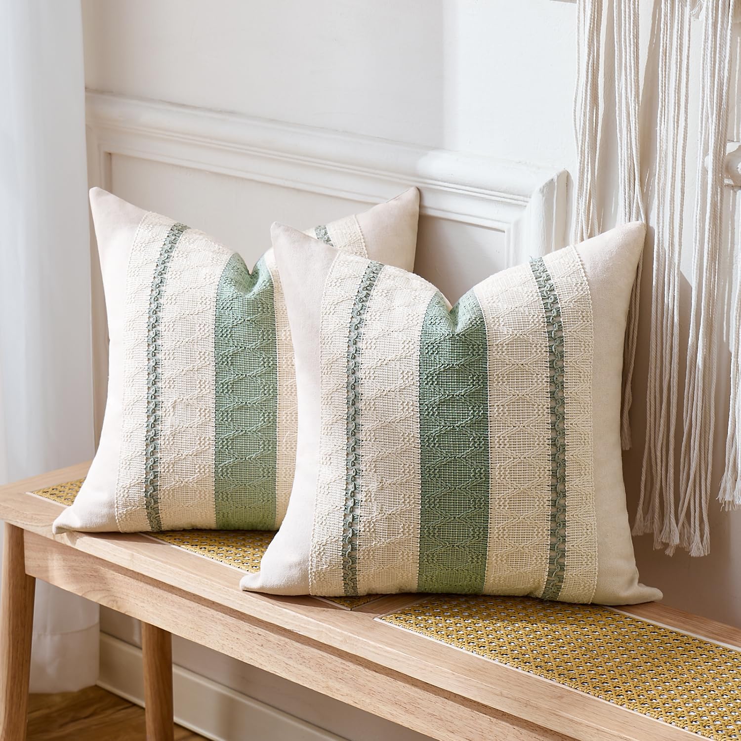 Housse Coussin 40x40 Vert Sauge Bohème Texturée à Rayures Tissées Décoratives Moderne Boho Housse de pour Maison Salon Chambre Décoration Lot de 2 - 2