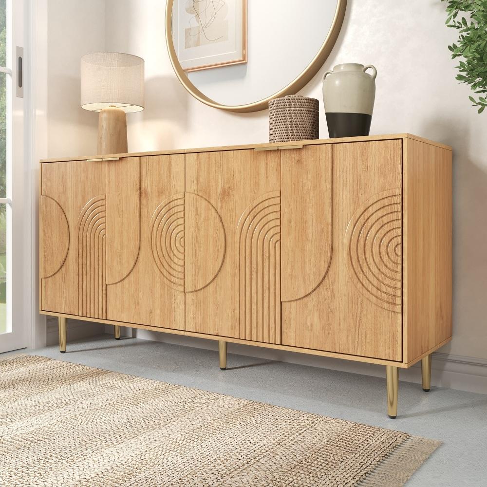 Nowoczesny kredens z naturalnego drewna z 4 drzwiami i przestrzenią do przechowywania, 140 x 40 x 72 cm, elegancki i funkcjonalny - 3