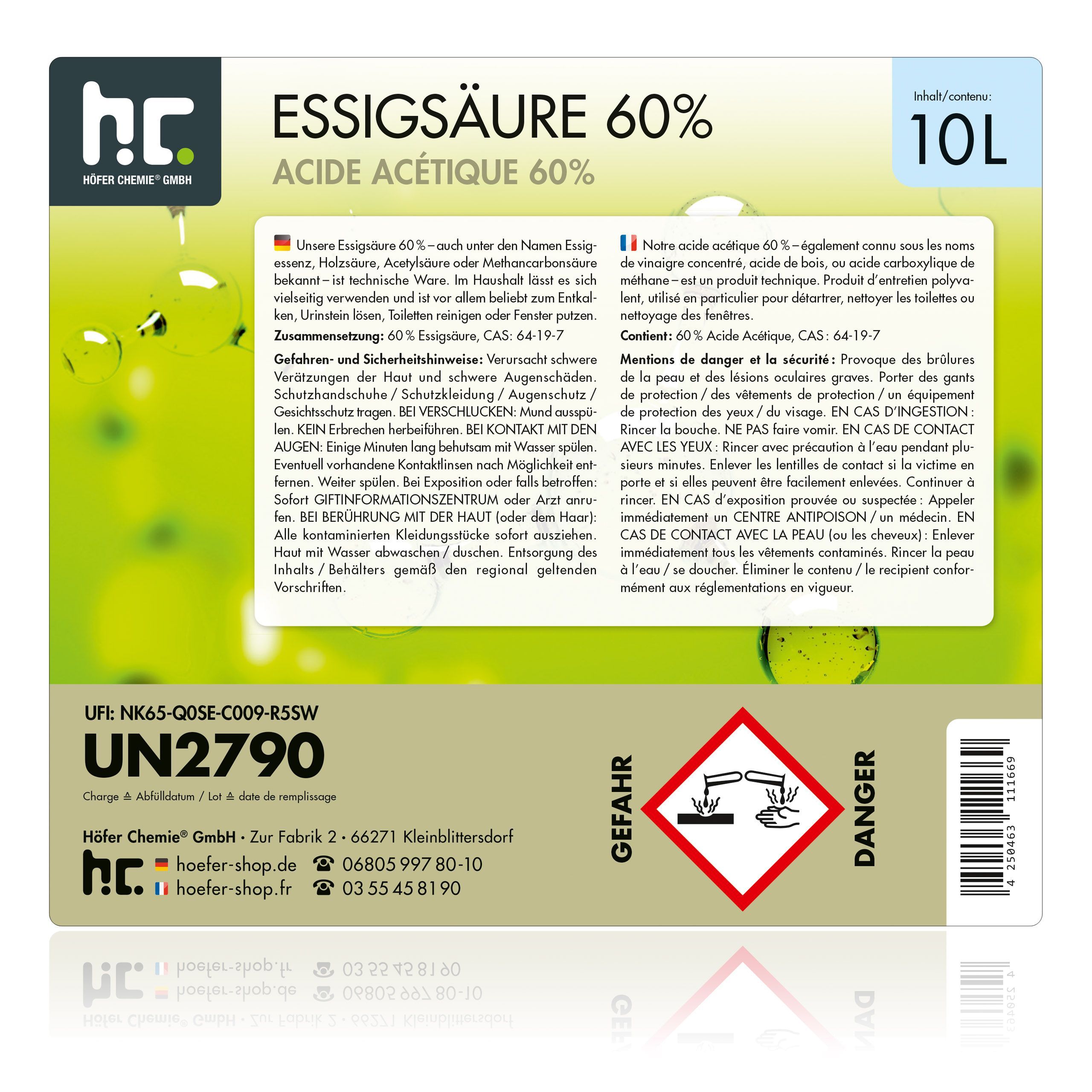 1 x Acide Acétique 60% Höfer Chemie® en bidon de 10 L - 4