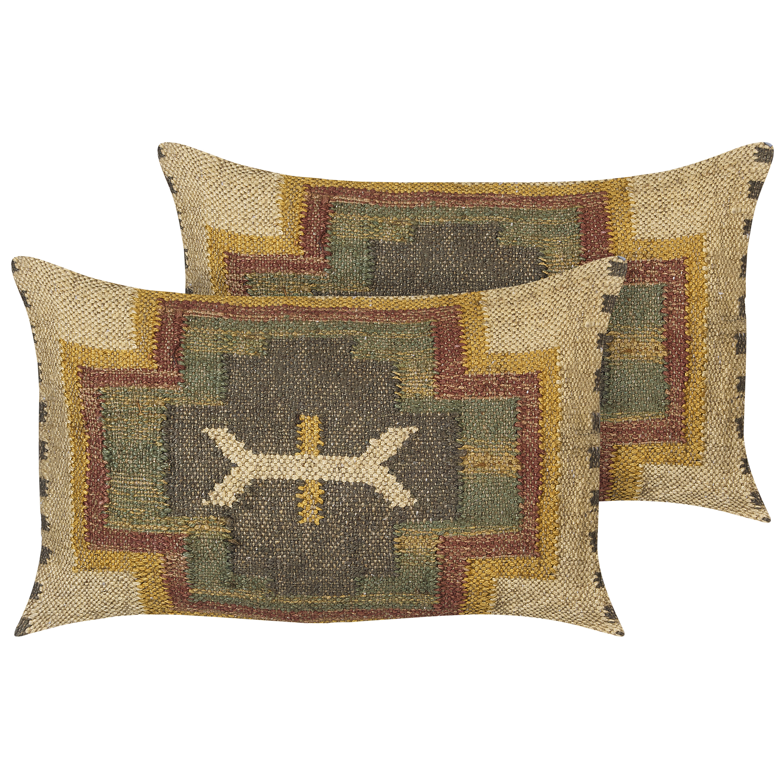 Beliani conjunto de 2 cojines pulicat yute 30 x 50 cm geométrico multicolor