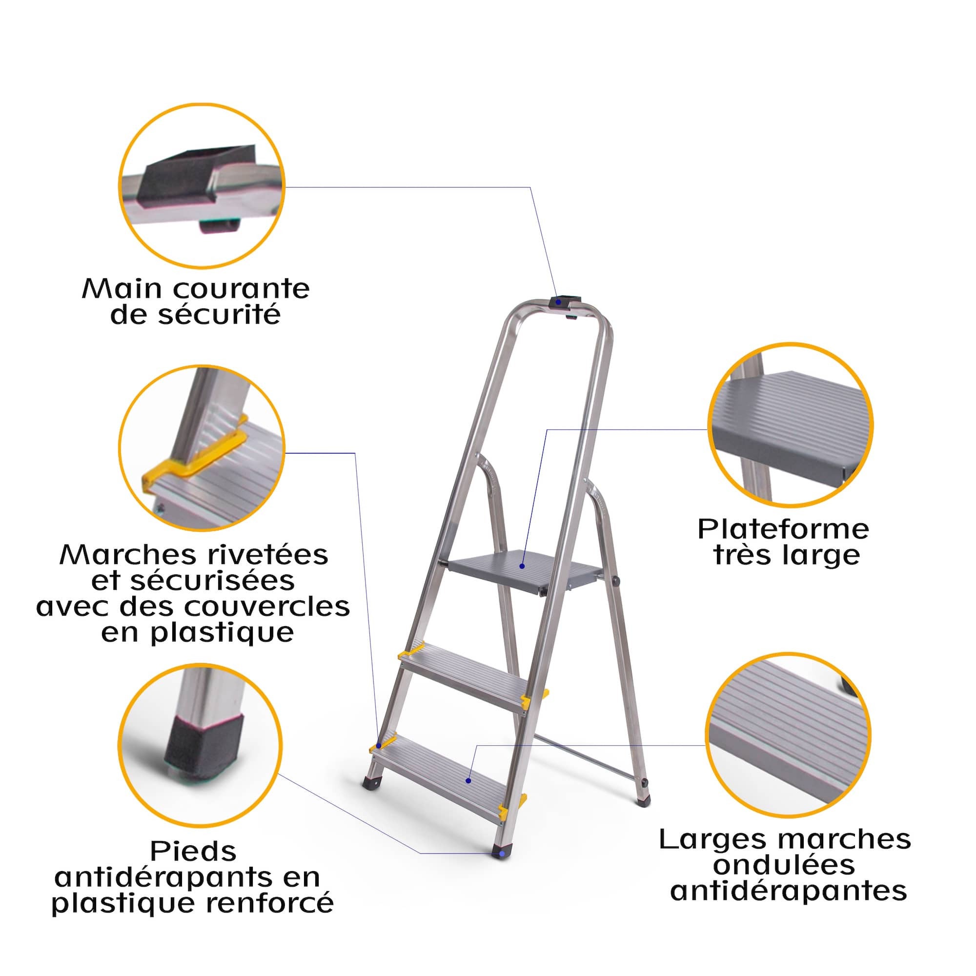 HOSTRÖM Escabeau 3 marches DURA pliable, marchepied léger en aluminium, hauteur plateforme 54cm, pieds antidérapants, charge 150kg, garantie 5 ans - 5