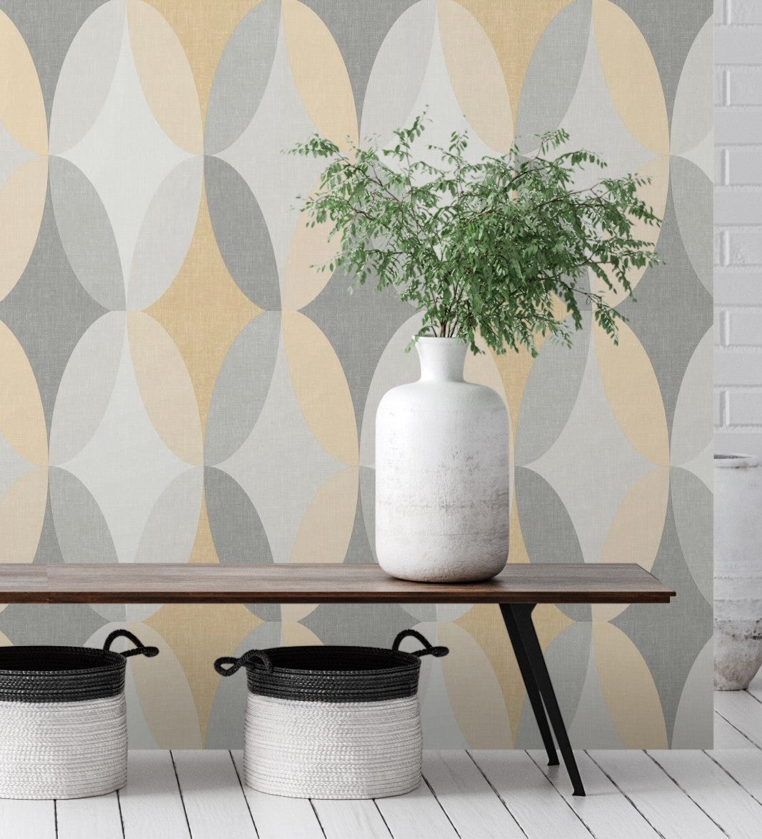 Papel pintado vinílico lavable de círculos gris y mostaza con textura en relieve - oralia 681315 de gaulan - rollo de 10 m x 0,53 m