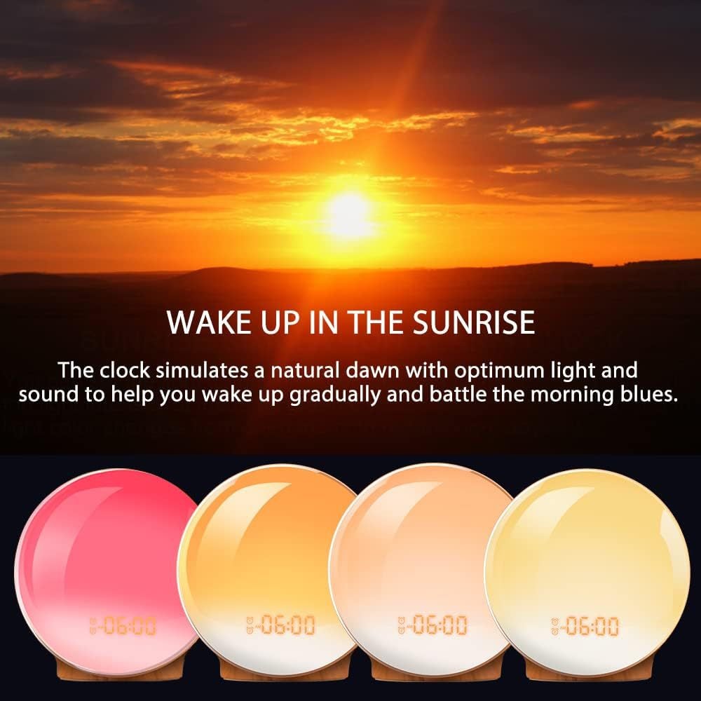 Lumière naturelle simulant le lever et le coucher du soleil, réveil électronique LED, lampe de chevet d'ambiance, veilleuse - 6