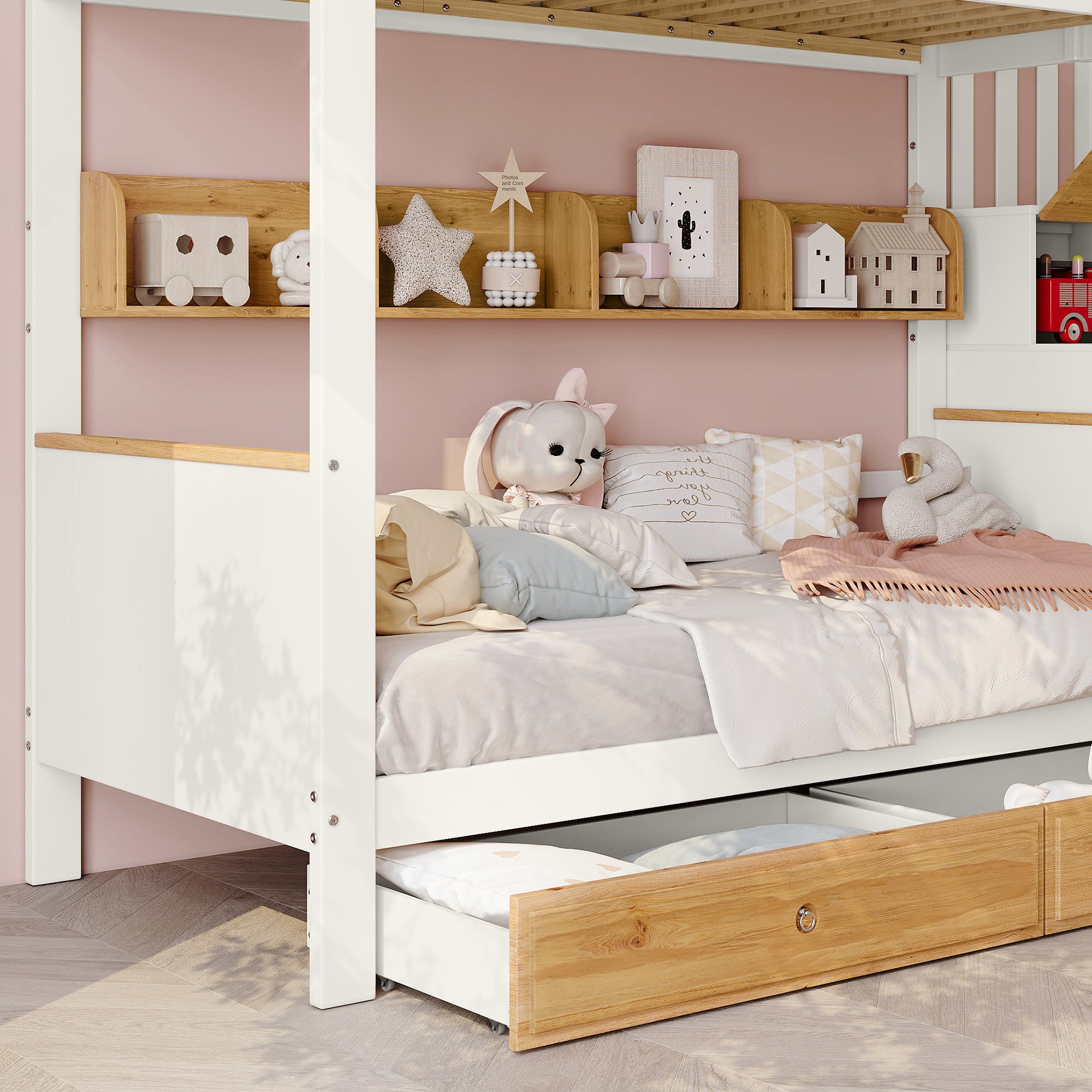 Letto a castello con scala contenitore - 90x200 cm - 4 armadietti sulla scala e 2 cassetti sotto il letto - con rete a doghe - Bianco - 9