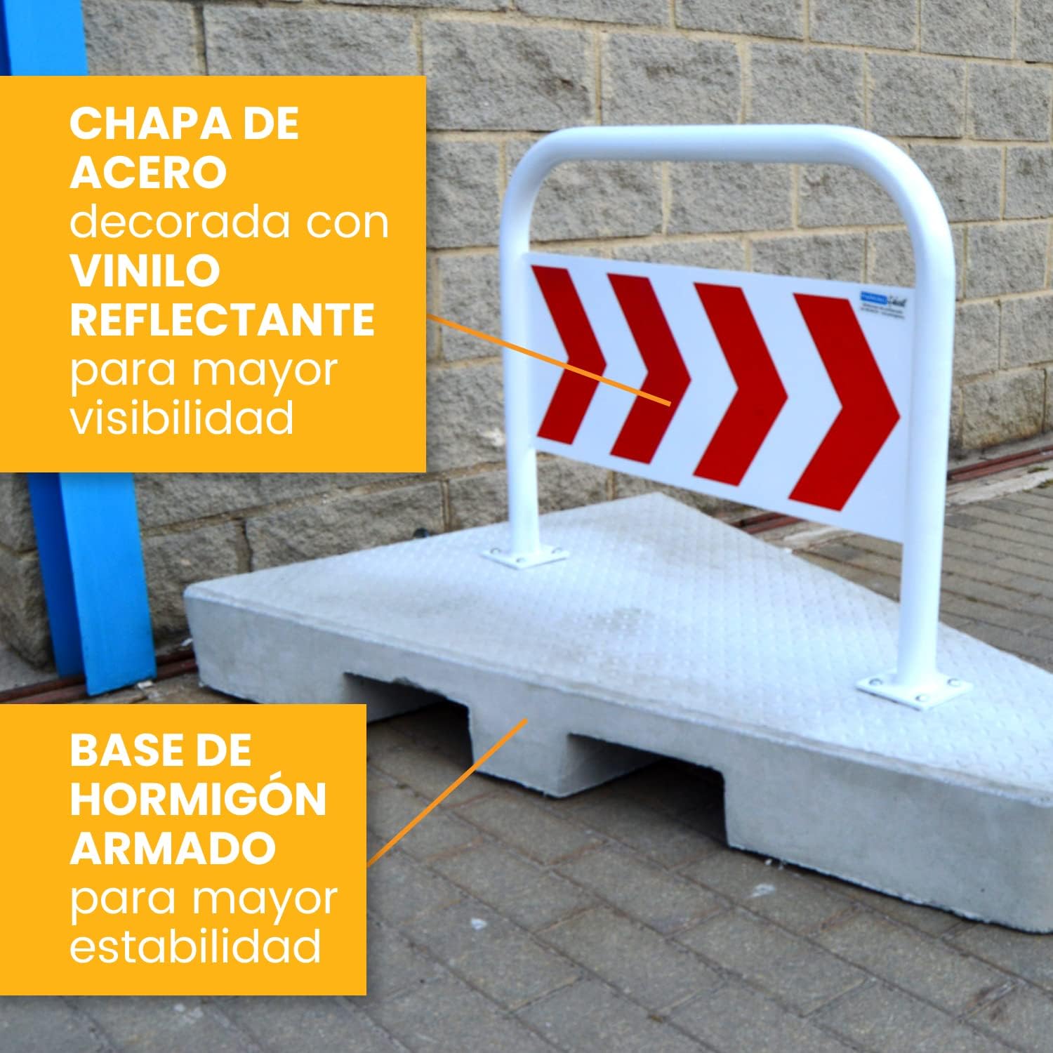 Isleta para vados compuesta por suela de hormigón de 130x96x14 cm y banderola direccional reflectante de 70x90 cm. - 3
