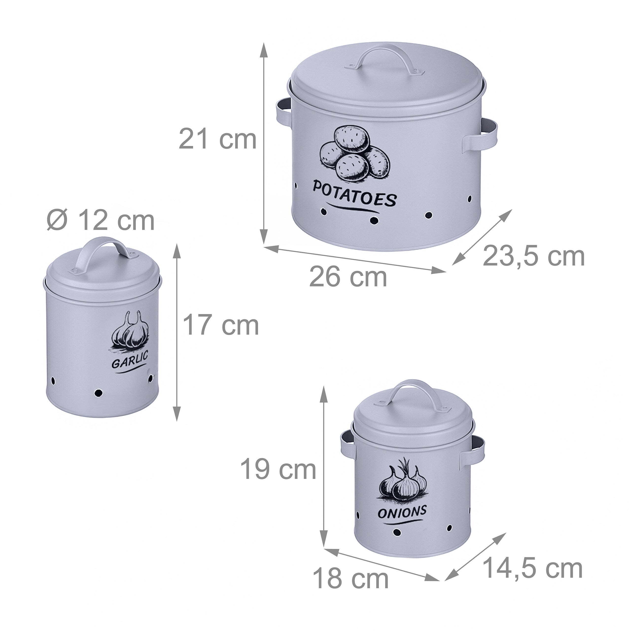 Set de 3 cajas para patatas, cebollas y ajos, de metal gris, con tapas y orificios, Relaxdays - 4