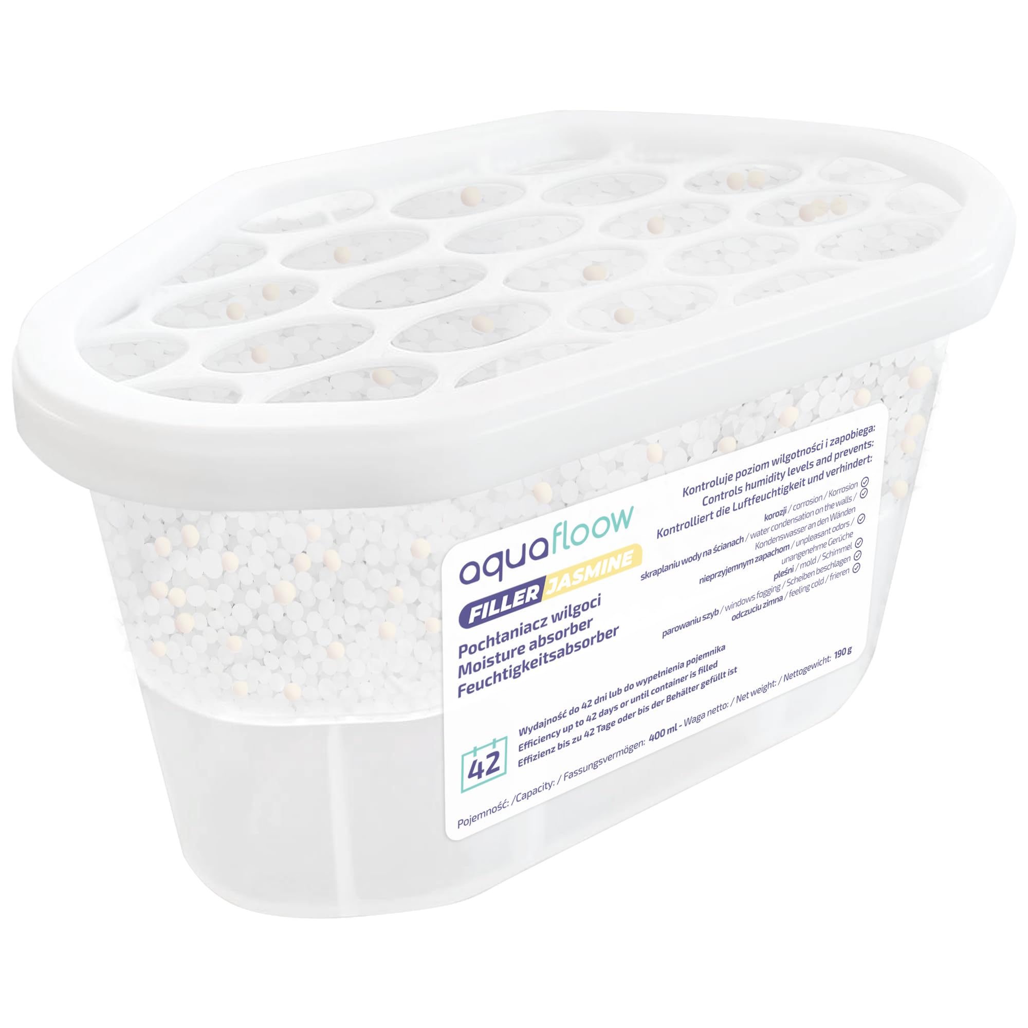 Aquafloow Assorbitore di Umidità per Ambienti 400 ml, Riduce l'umidità, 3 Pezzi JASMINE | Neutralizzatore di Odori, Deumidificatore per Cucina, Arma - 2