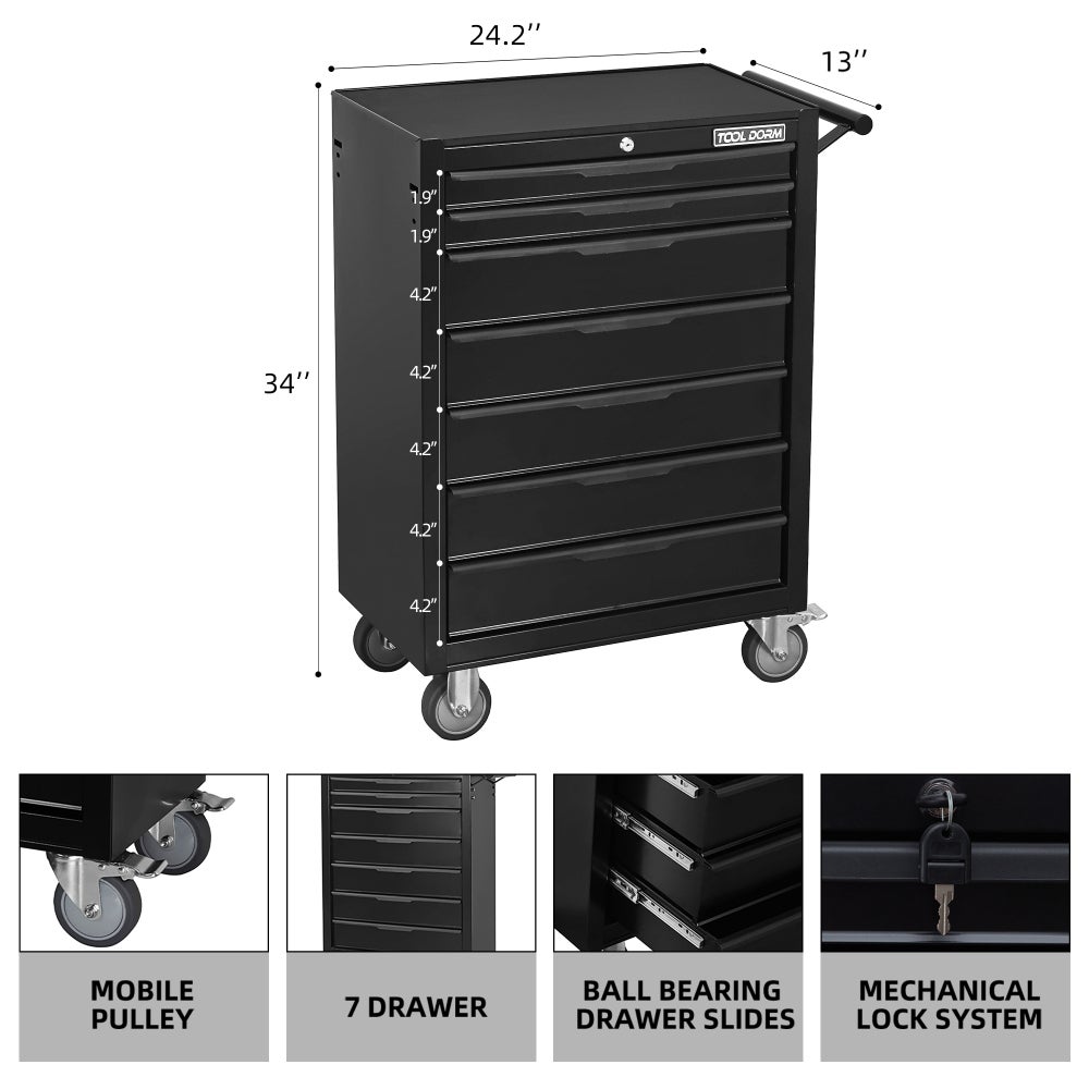 Chariot à outils 24,2 pouces, 7 tiroirs verrouillables et roues, pour garage et atelier - 3
