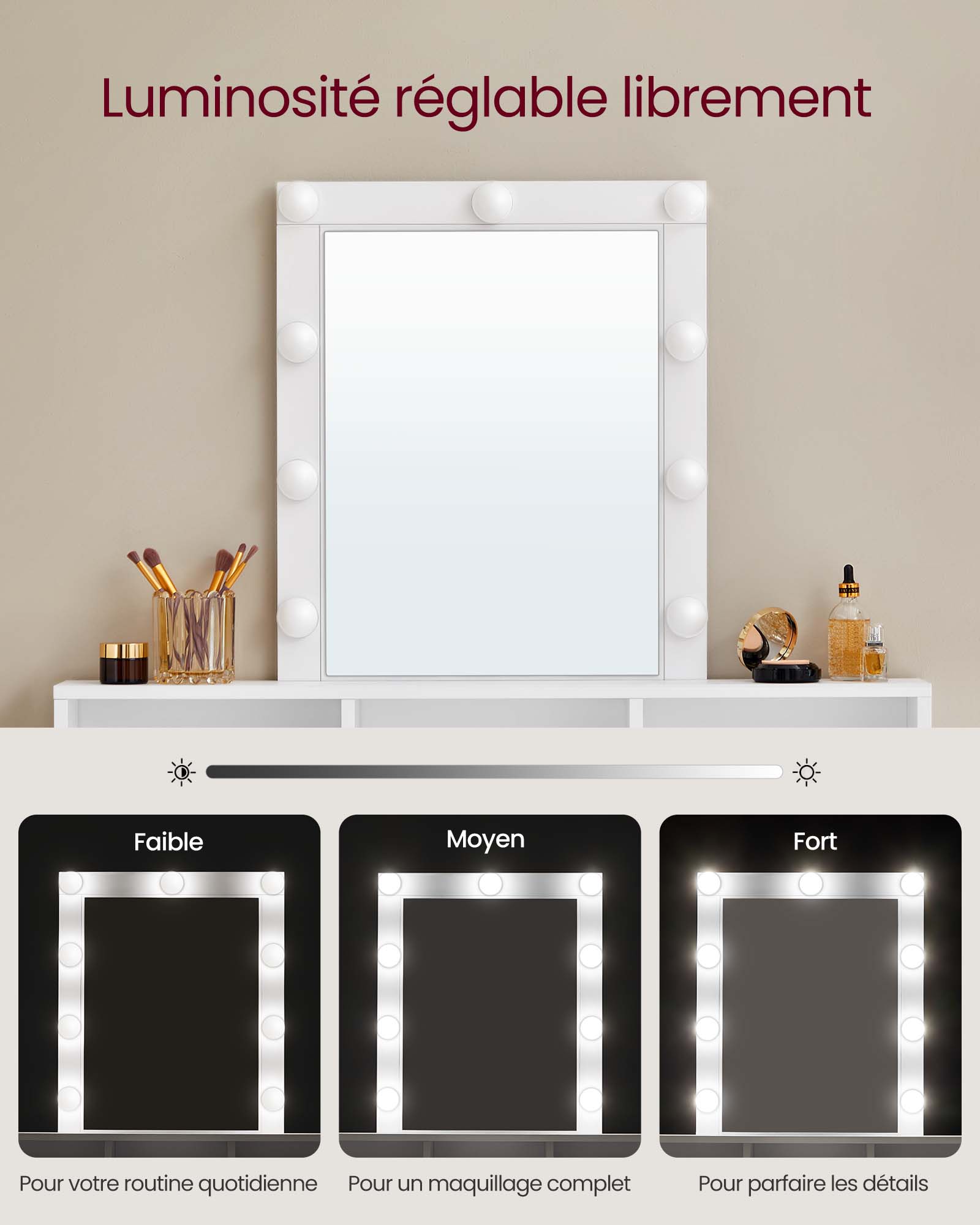 Coiffeuse, Miroir avec LED à Luminosité Réglable, 2 Tiroirs et 3 Compartiments, 100 x 40 x 145 cm (L x P x H), Blanc - 2