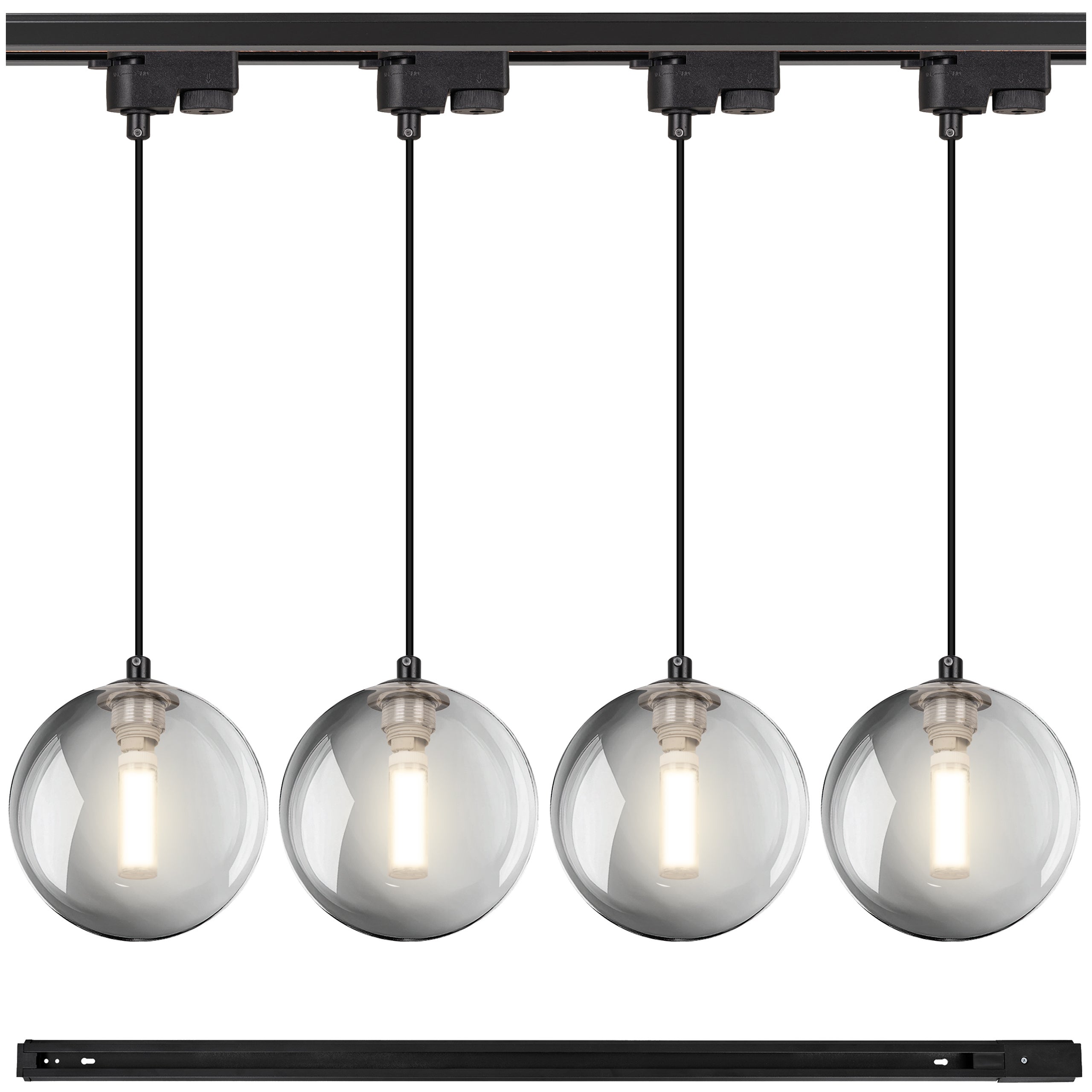 Lampa szynowa wisząca 4x KULA GRAFITOWA klosz dymiony G9 + Listwa szynoprzewód 1m Oprawa OZDOBNA z kablem - LEDHOFF