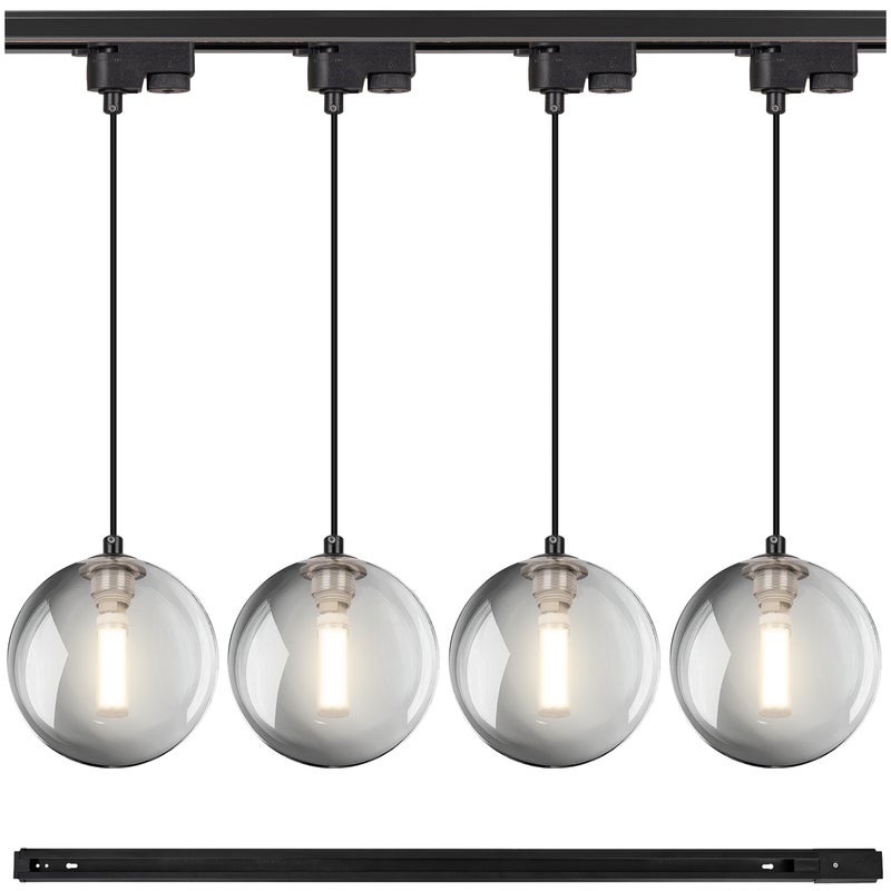 Lampa szynowa wisząca 4x KULA GRAFITOWA klosz dymiony G9 + Listwa szynoprzewód 1m Oprawa OZDOBNA z kablem - LEDHOFF