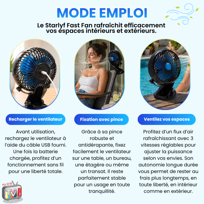 VENTEO | Starlyf Fast Fan | Le Ventilateur Portable | Pince Intégrée | Rechargeable Sans Fil | 3 Vitesses | Orientation 360° | Air Frais Ciblé | Pour - 4