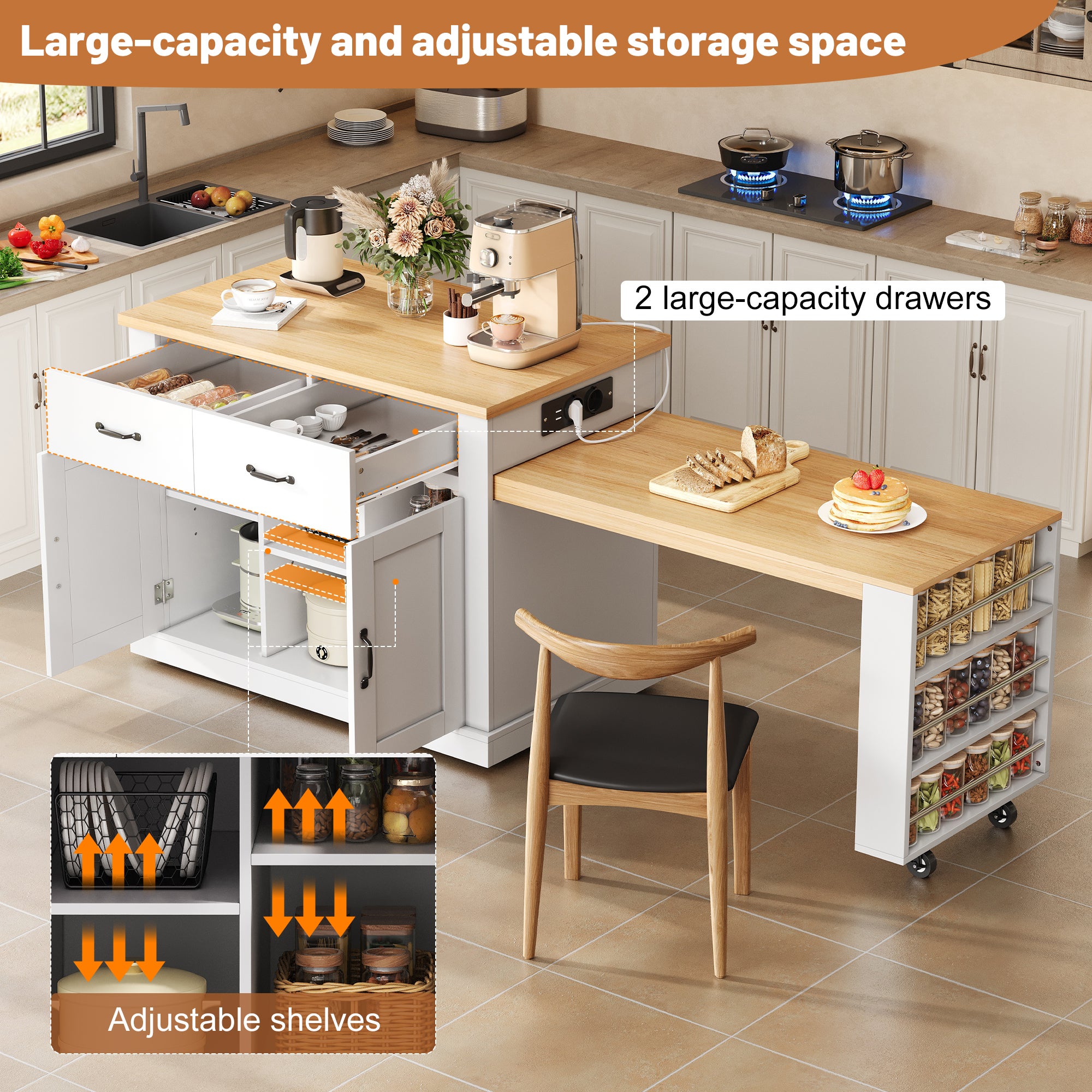 Isola da cucina mobile 142-340 cm, 2 piani estensibili, 2 cassetti, ruote, MDF bianco - 6