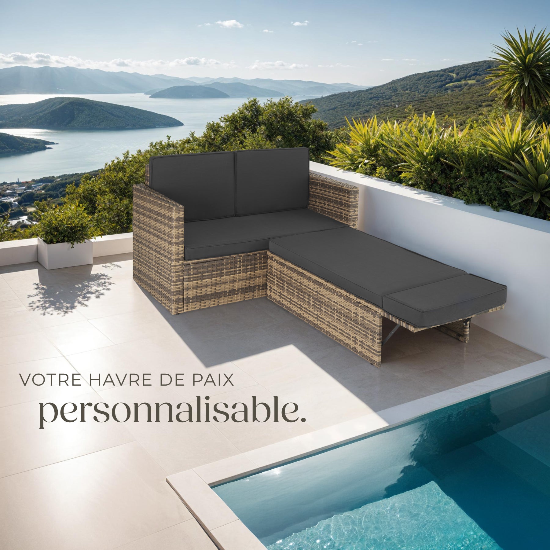 Canapé de jardin en résine tressée, modulable, robuste, résistant UV, coussins déhoussables, nature TECTAKE - 8