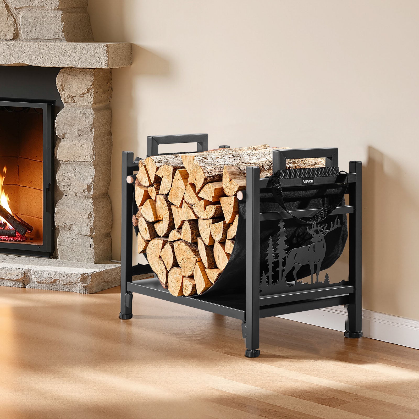 Support à bois VEVOR chauffage d'intérieur, range-bûches incurvé 450 x 315 x 415 mm, avec support en toile, charge 18,1 kg, en acier thermolaqué - 8