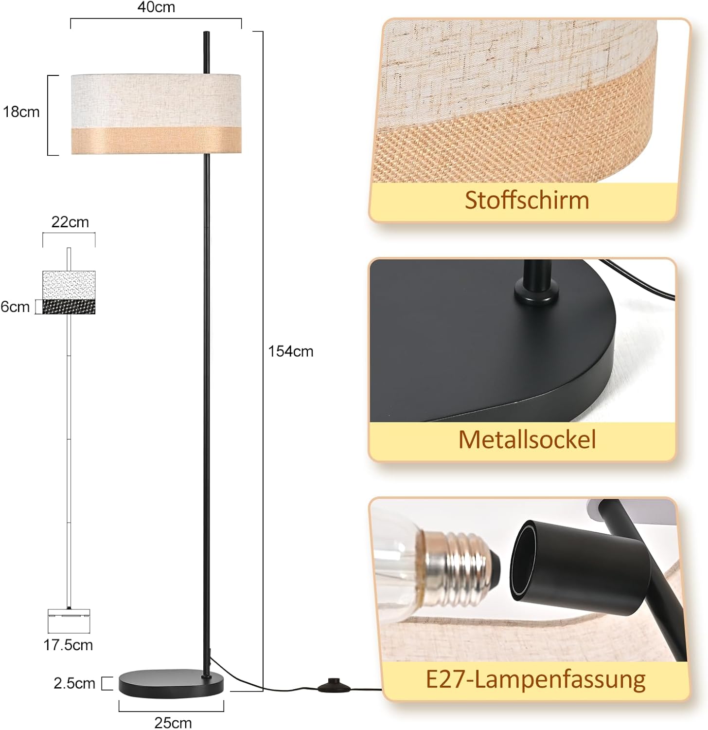 Nettlife Lampa Podłogowa Vintage Biała Tkanina E27, Włącznik Nożny, Rustykalna do Salonu i Sypialni (Brak żarówki) - 3