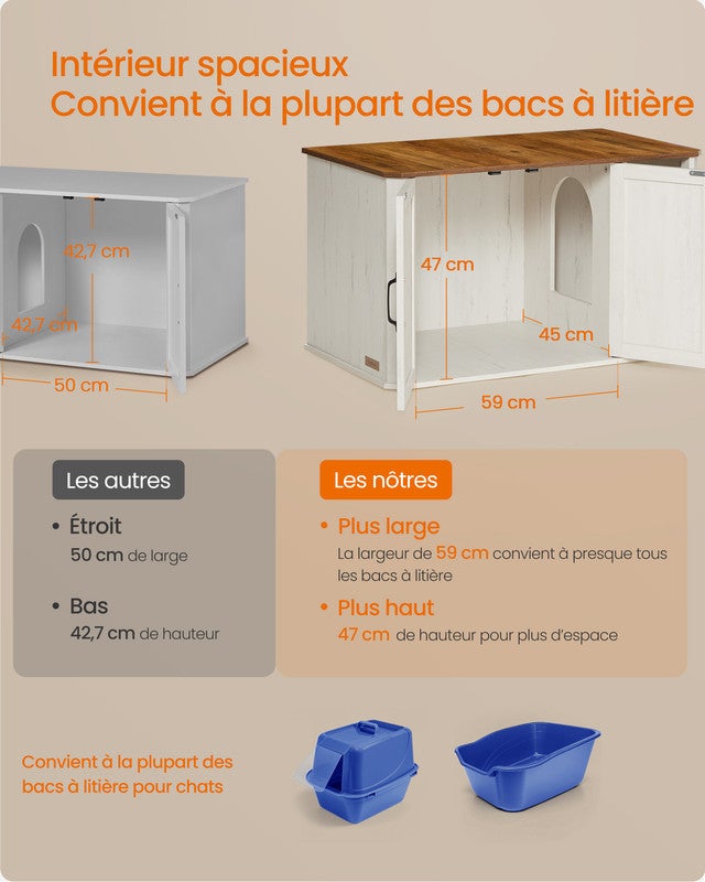 Meuble Litière pour Chat, Meuble Moderne Cache-Litière, Double Porte, Poignées, Table d’Appoint, 85 x 48,5 x 50 cm, Marron Miel et Blanc Rustique - 5