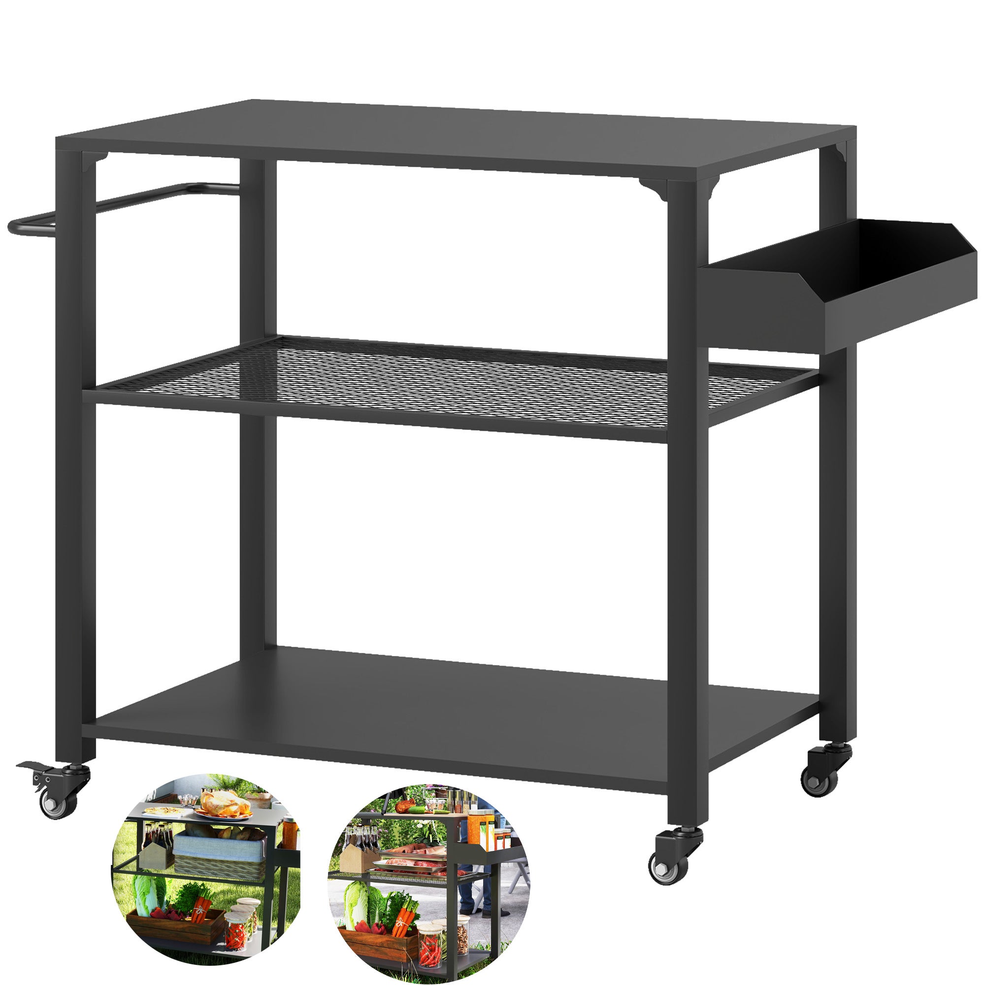 Carrito De Barbacoa De 3 Niveles Con Ruedas Y Soporte Para Toallas, Mesa Auxiliar De Exterior Para Cocinar Y Almacenar (color Negro)