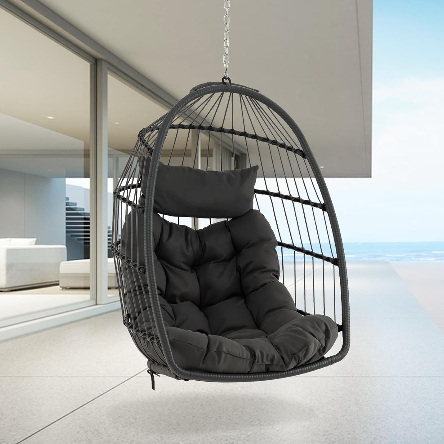 Silla colgante tipo huevo, columpio con almohada y cojín suave, silla colgante de ratán sintético, diseño plegable, capacidad de 150 kg (gris) - 2