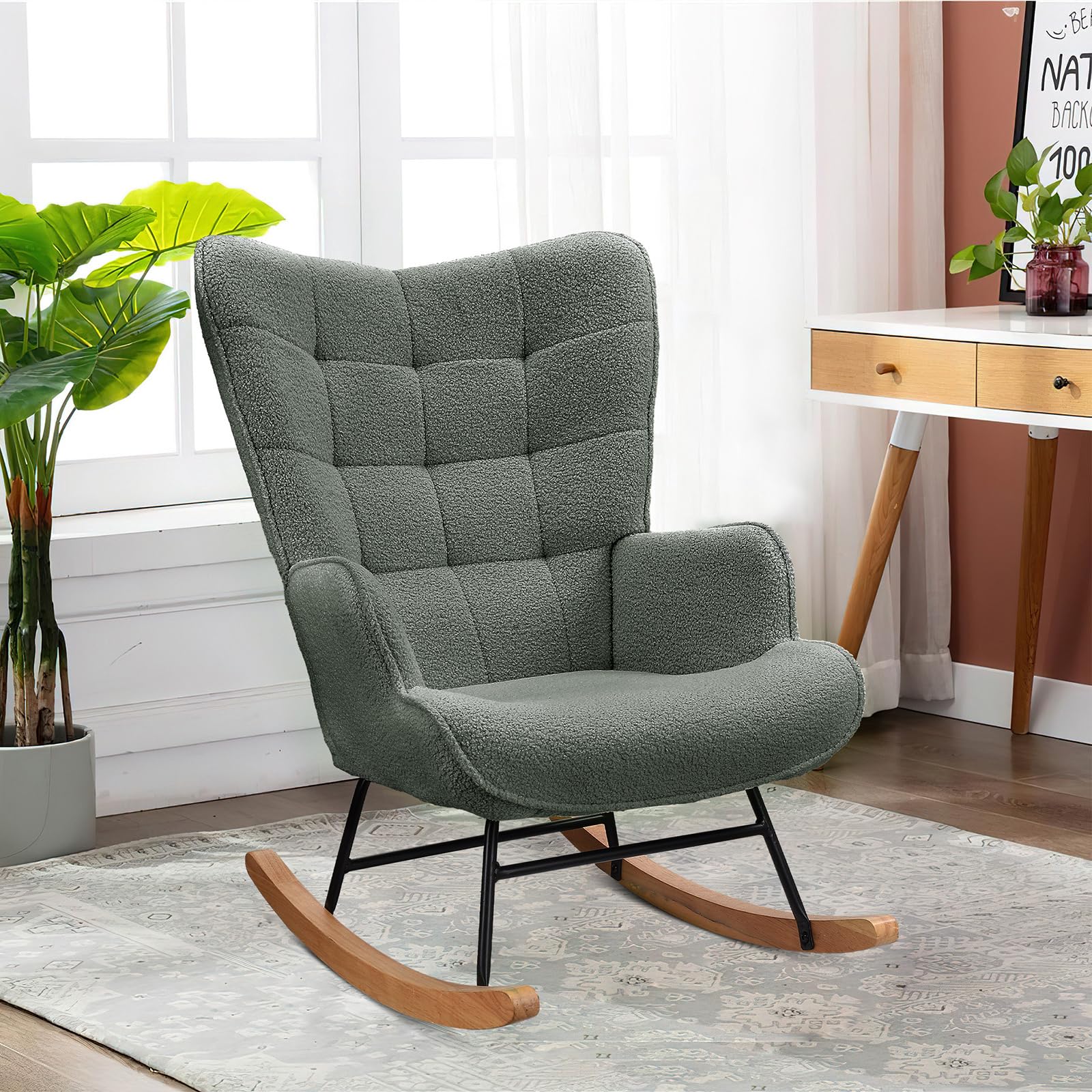 Fauteuil à bascule, d'allaitement, de salon, à bascule, avec structure en métal et base en bois, charge maximale:150 kg, tissu en peluche, Gris foncé - 8