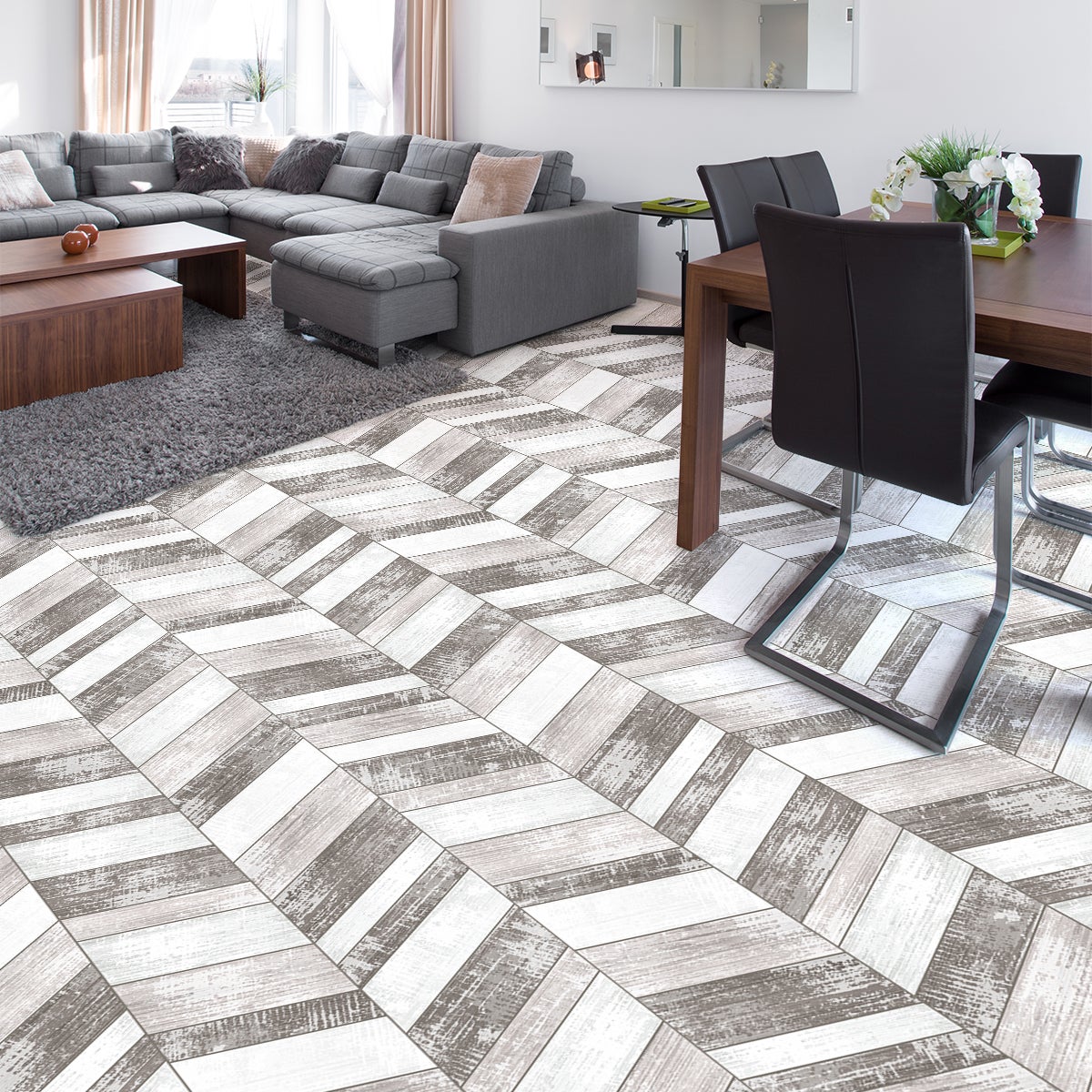 Vinilo baldosas suelo antideslizante efecto parquet blanco y gris - adhesivo pared - sticker revestimiento - 1 adhesivo 60x100cm