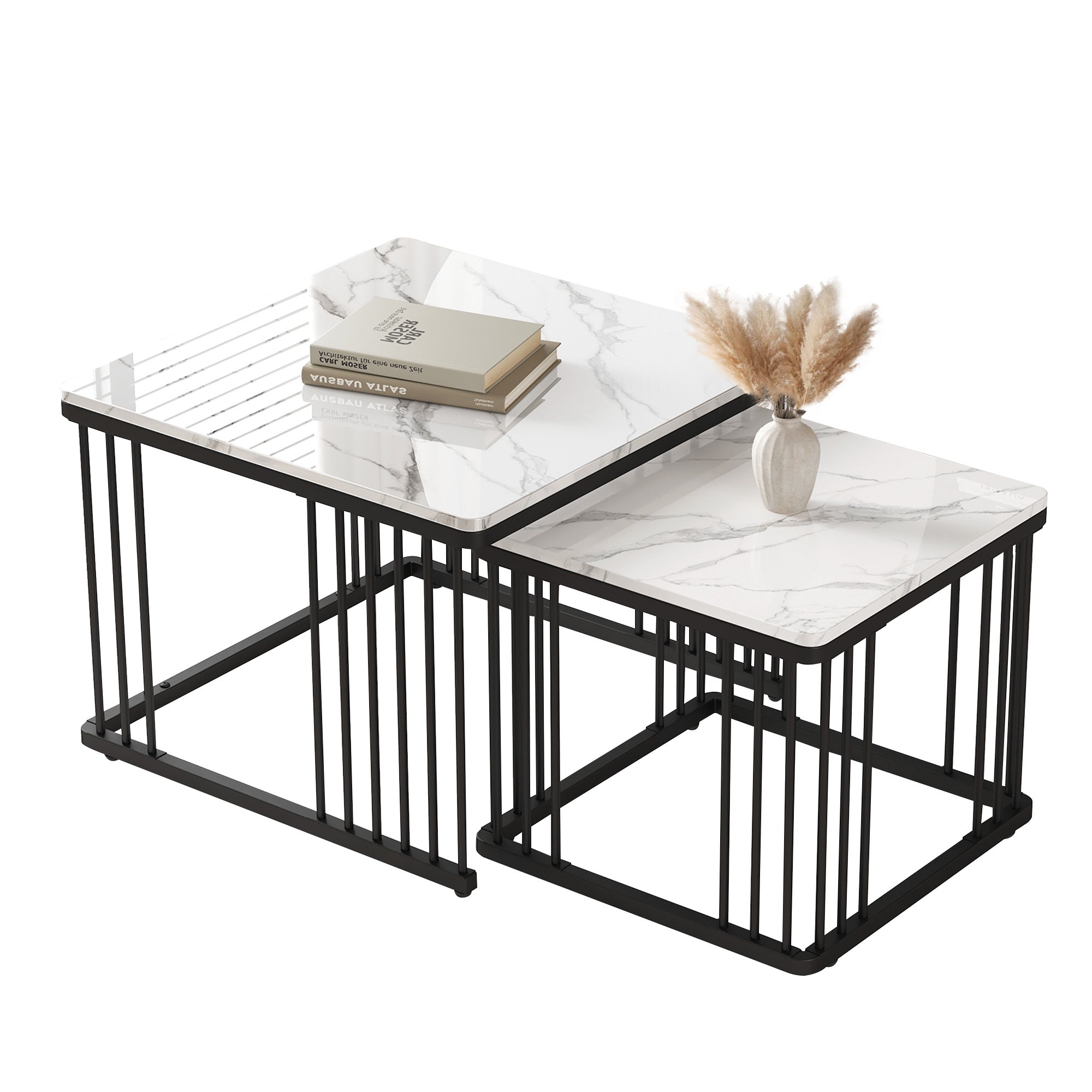 Zestaw 2 kwadratowych stolików kawowych - 60x60x45cm + 45x45x40cm - Wzór marmuru - Płyta MDF, drewno i metal - Biały + czarny - 7