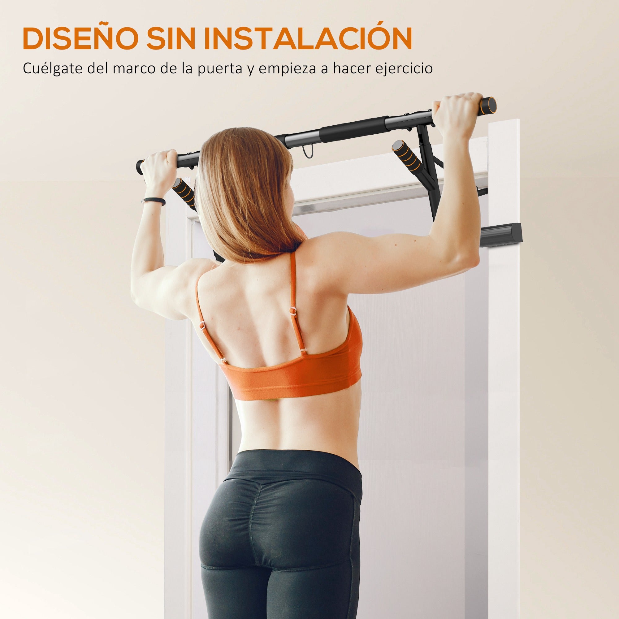 Barra fixa parede com faixas resistência, carga 150 kg, preto/laranja, exercício. - 6