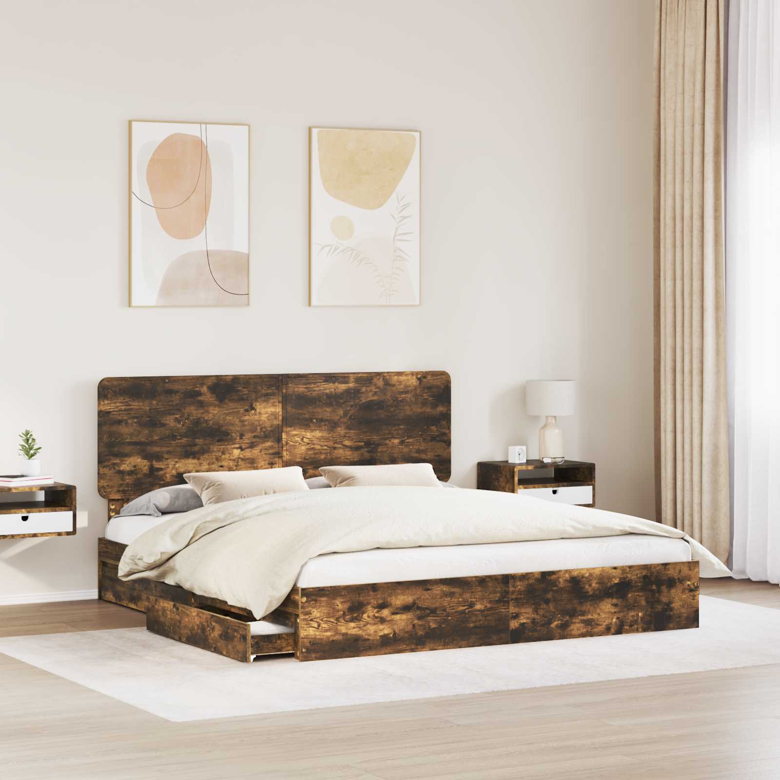 Lit avec rangement, panneau de bois, chêne fumé, pour la chambre, 180 × 200 cm - 3