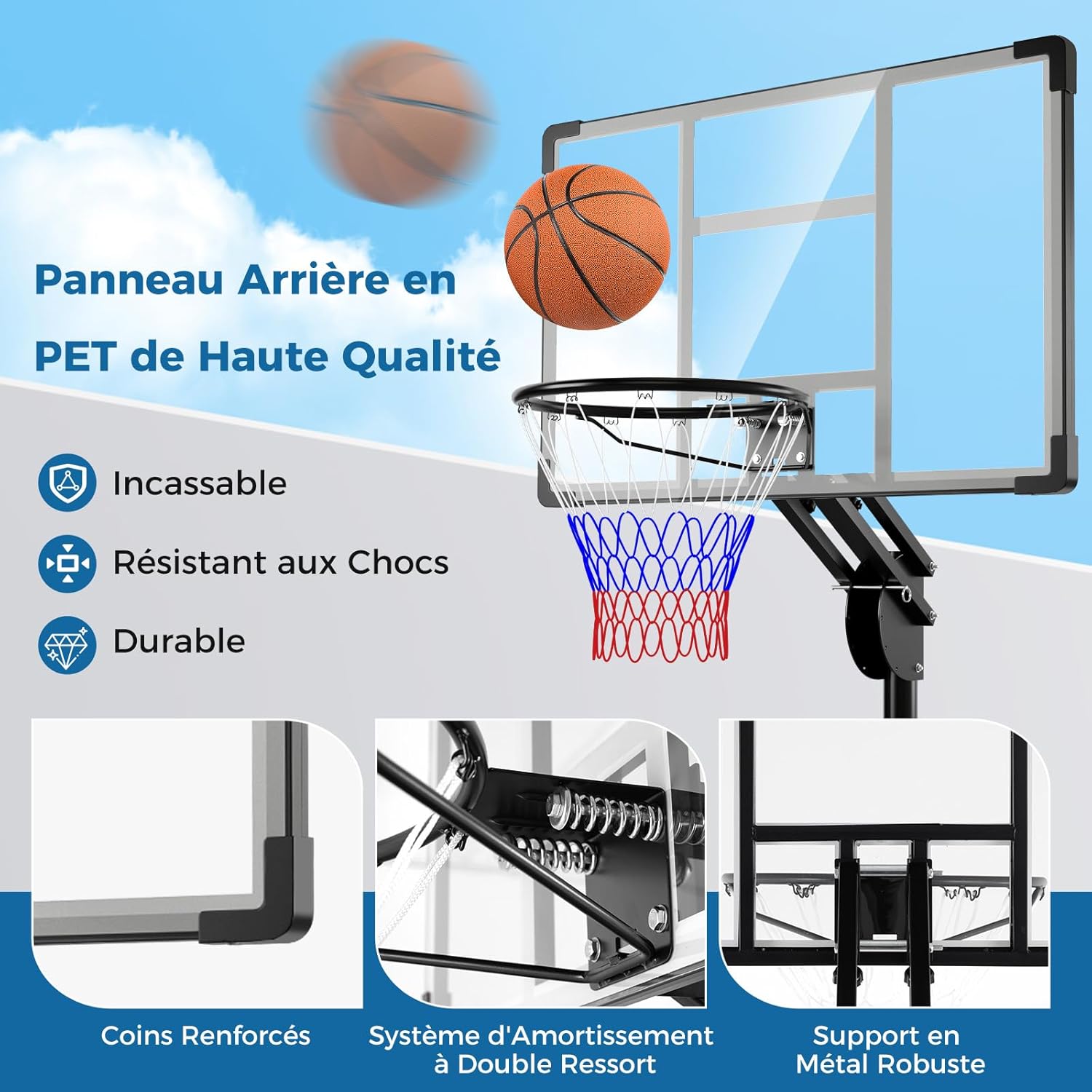 Cesto de basquetebol em suporte Altura ajustável a 10 níveis 149-305 CM, conjunto de basquetebol Base enchível Saco de peso Painel traseiro - 6