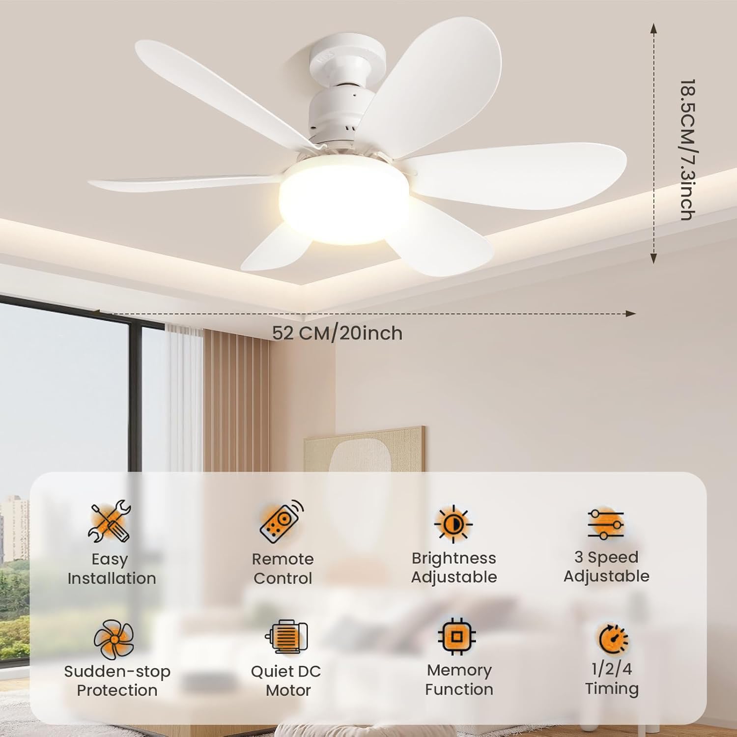 Ventilateur de plafond 52 cm avec rallonge et culot E27, petit ventilateur de plafond LED, trois températures de couleur,6 pales, 3 vitesses,minuterie - 3