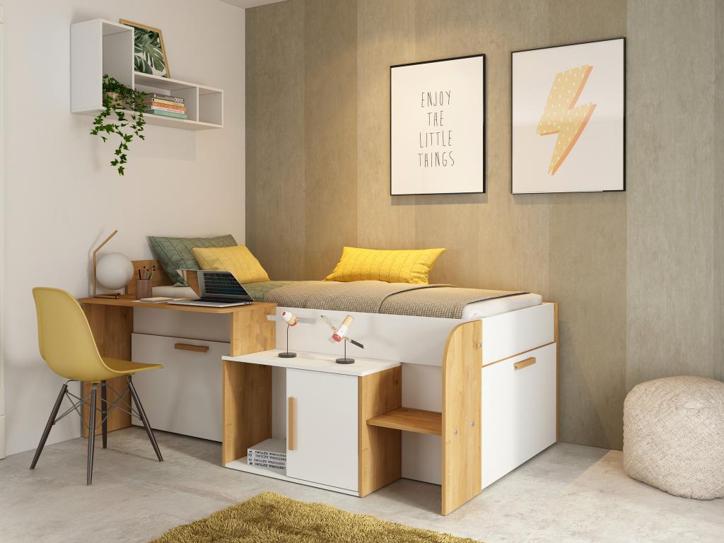 Łóżko piętrowe 90 x 200 cm z biurkiem i schowkami - Biały i naturalny + Stelaż + Materac - PEDRO