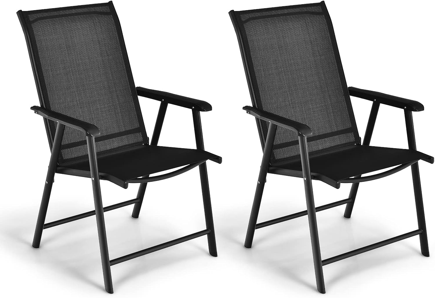 Zestaw 2 Składanych Krzeseł z Tkaniny i Metalu, Zestaw 2 Krzeseł Ogrodowych z Podłokietnikami, Nośność do 100 kg (52 x 54 x 94 cm, Czarne, 2 Sztuki)