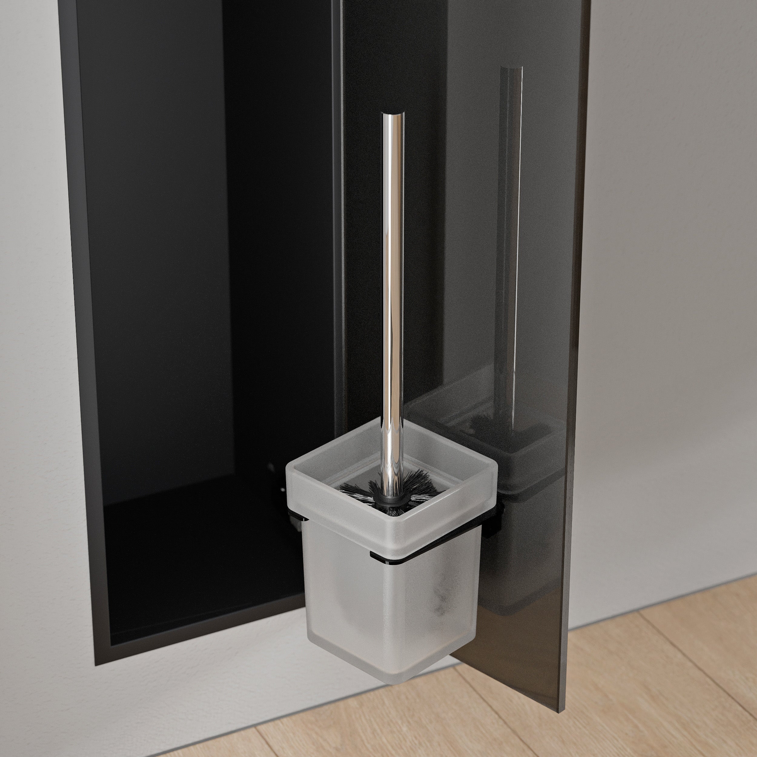 BERNSTEIN - Niche module acier inox WC encastré verre noir mat 16x16x58 (LxPxH) porte brosse toilettes + 1 étagère, charnière à droite - RIA - 4