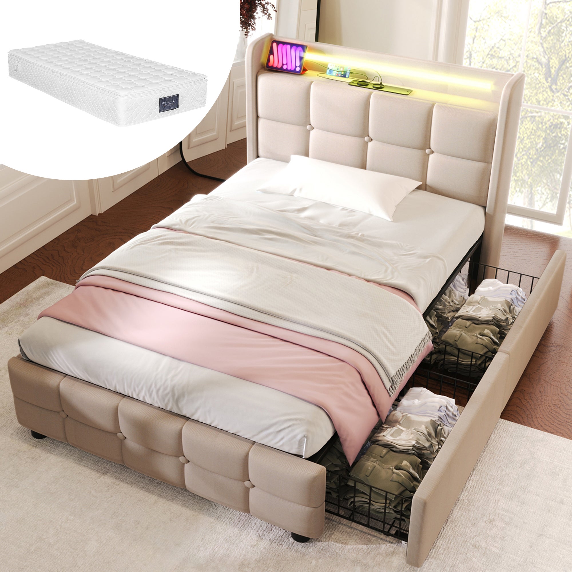 Łóżko tapicerowane-ładowanie USB-zagłówek-oświetlenie LED-2 szuflady-łóżko pojedyncze 90x200 cm-beżowe-z materacem
