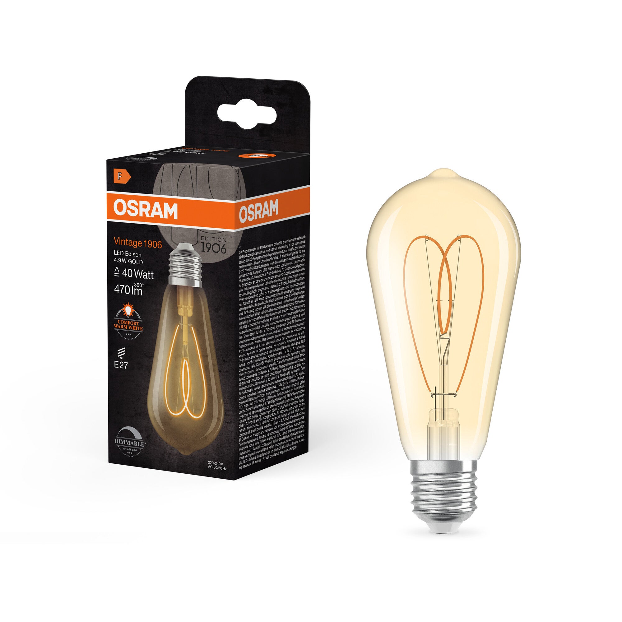 OSRAM Vintage 1906 Edison est une blanc chaud à intensité variaben forme d'ampouEdison avec filament. Il offre 4,9 W pour 470 lm,E27, verre doré, - 4