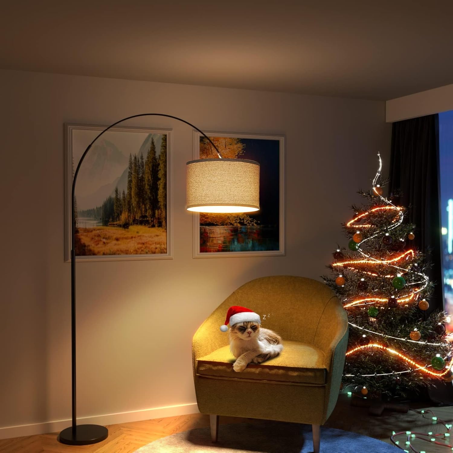 Lampadaire Arc 165-180 cm, Lumière Douce 3000K, LED E27 9W Incluse, Abat-Jour en Lin Beige, Éclairage Chaleureux pour Salon, Chambre, Bureau - 6