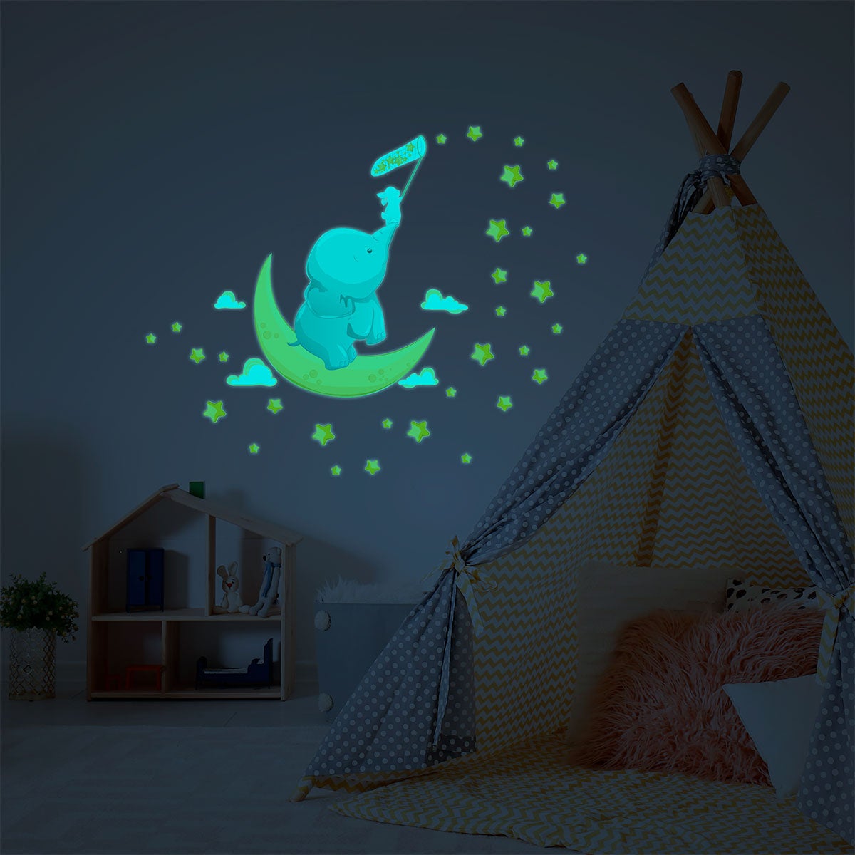 Adesivi fosforescente elefante e coniglio catturano le stelle + 110 stelle - Sticker adesivo - adesivi murali - 145x110cm - 3