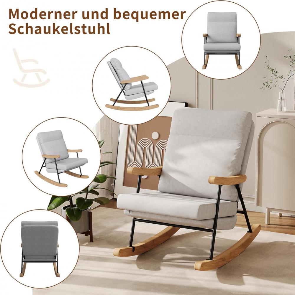Chaise à bascule scandinave en lin ergonomique, bois massif et métal, fauteuil relax salon chambre. - 7